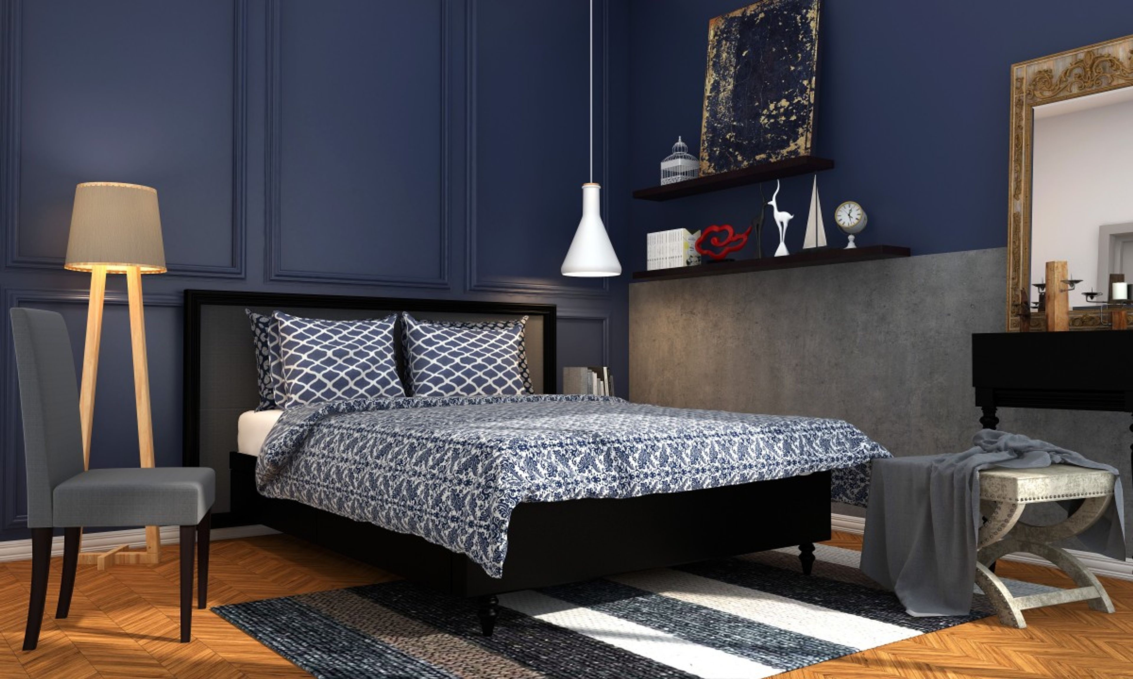 Classic Bedroom Design In Navy Blue And Grey