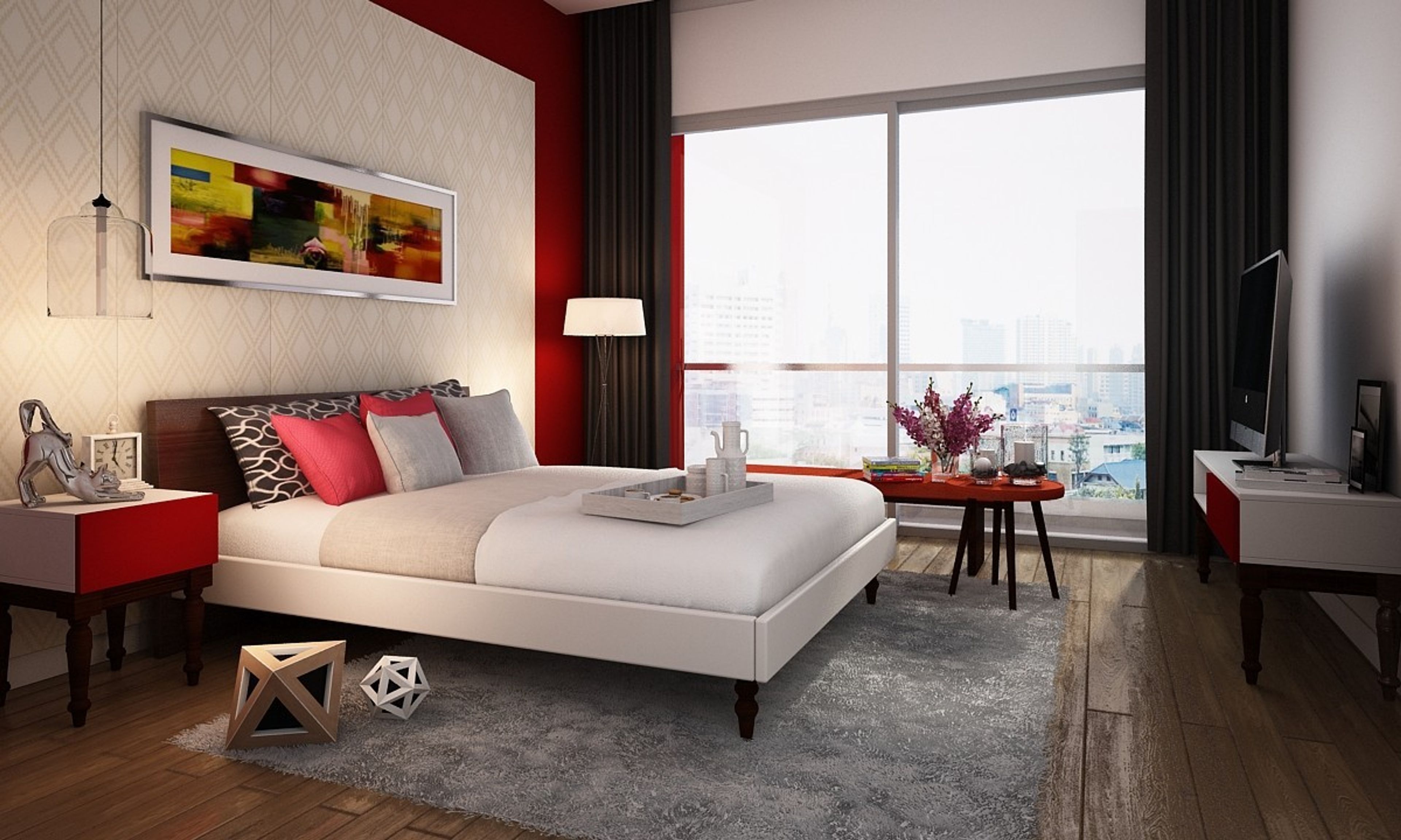 Modern White And Red Bedroom Design With Patterned Wallpaper