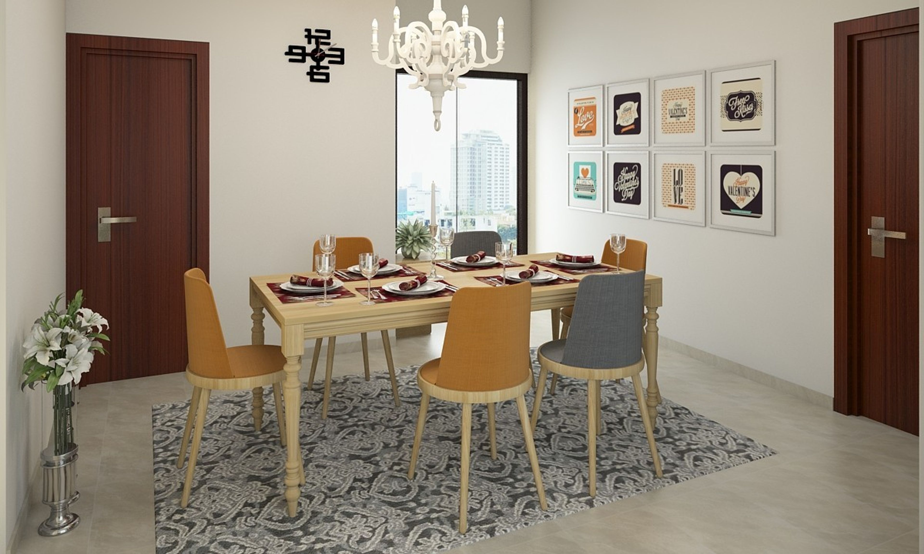Classic Grey And Yellow 6-Seater Wooden Dining Room Design