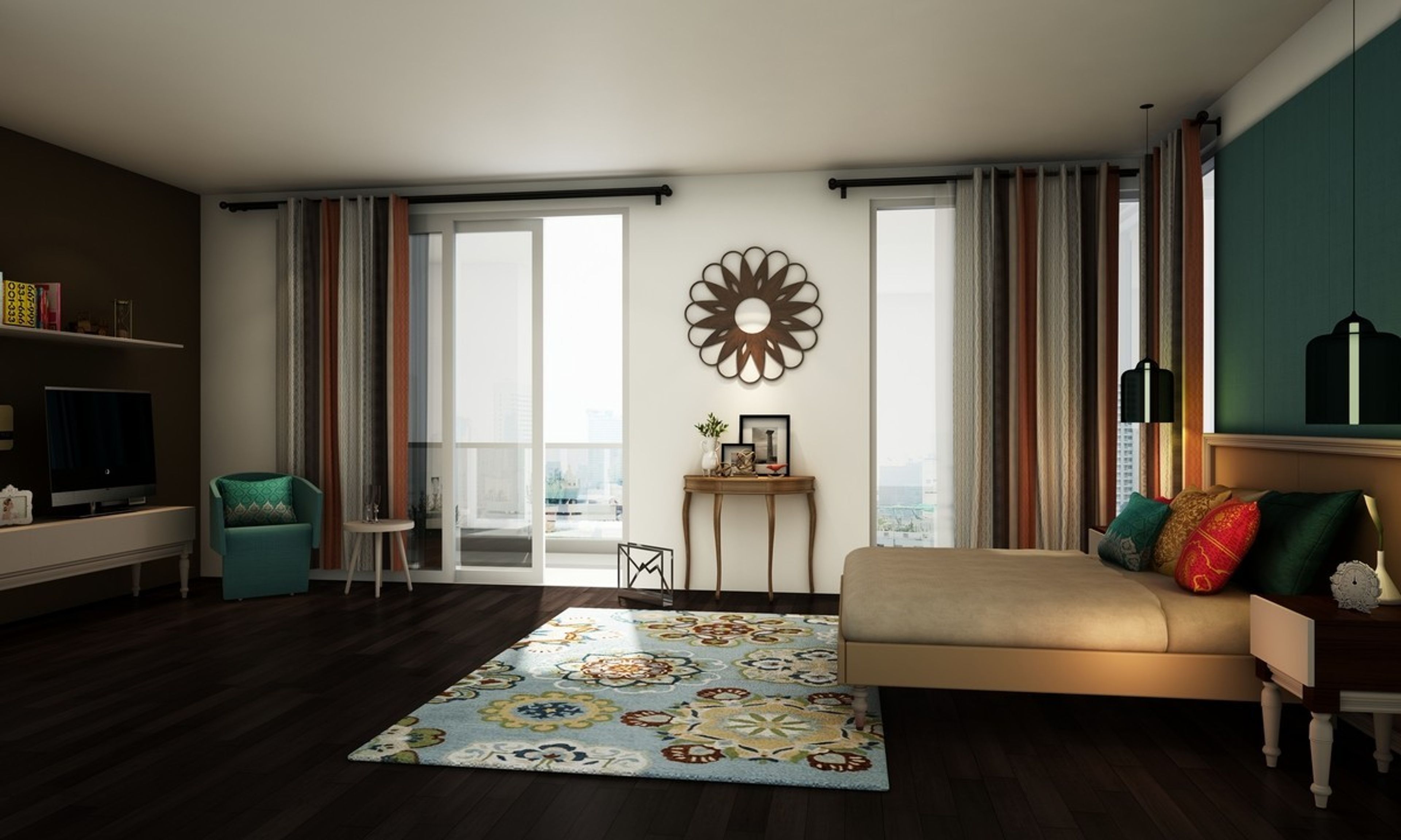 Modern White And Brown Bedroom Interior Design With Turquoise Wall Panelling