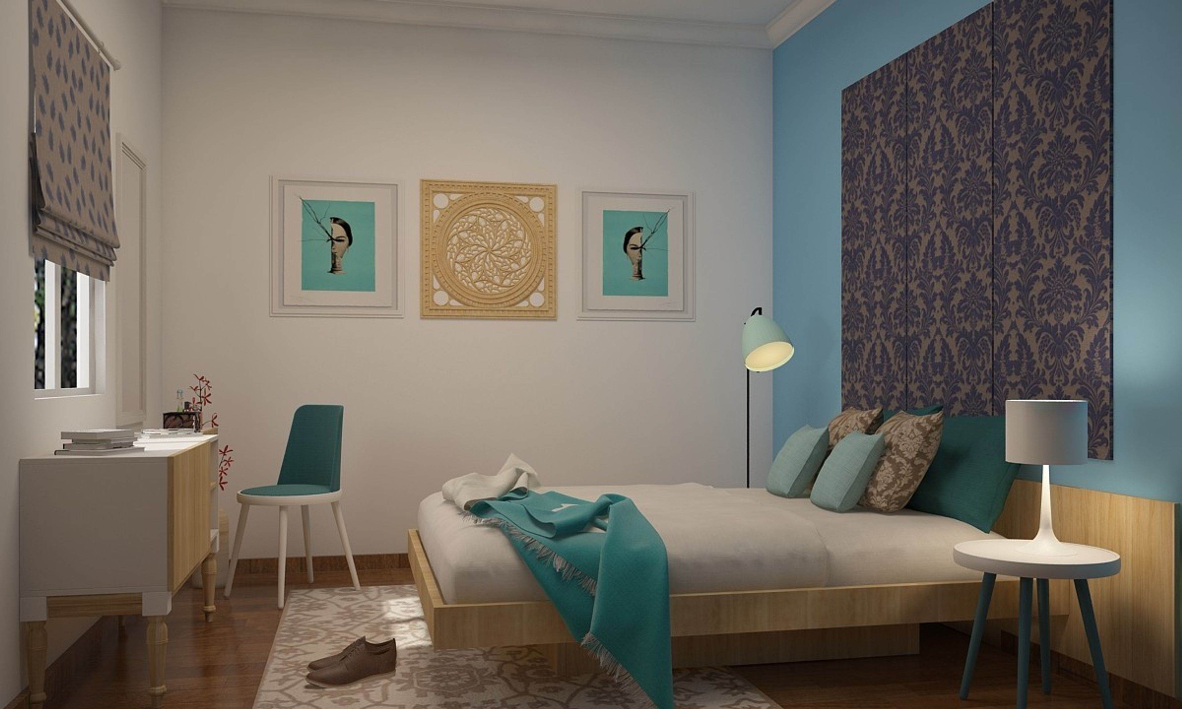 Modern Guest Bedrom Design With Blue And Oak Wood Textures