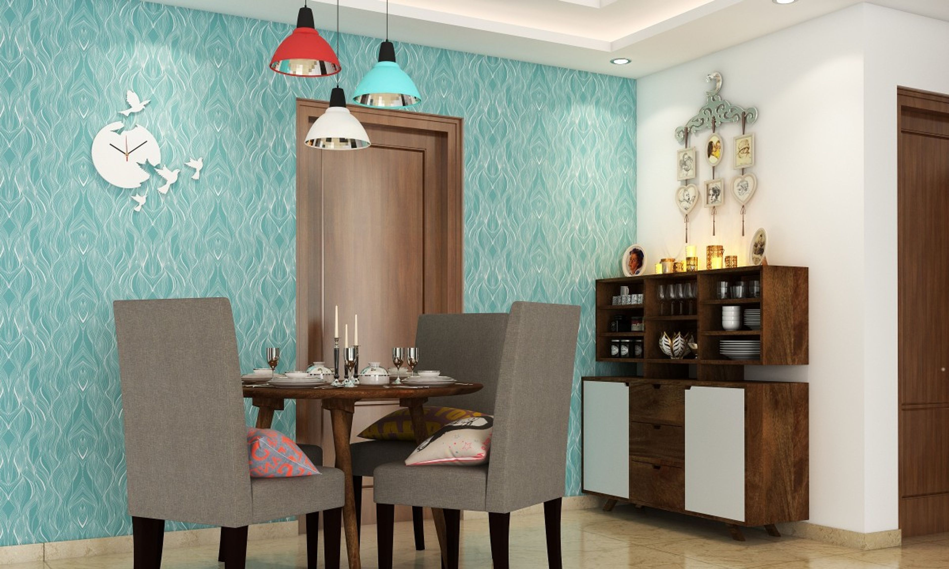 Classic 3-Seater Dining Room Design With Round Wooden Table