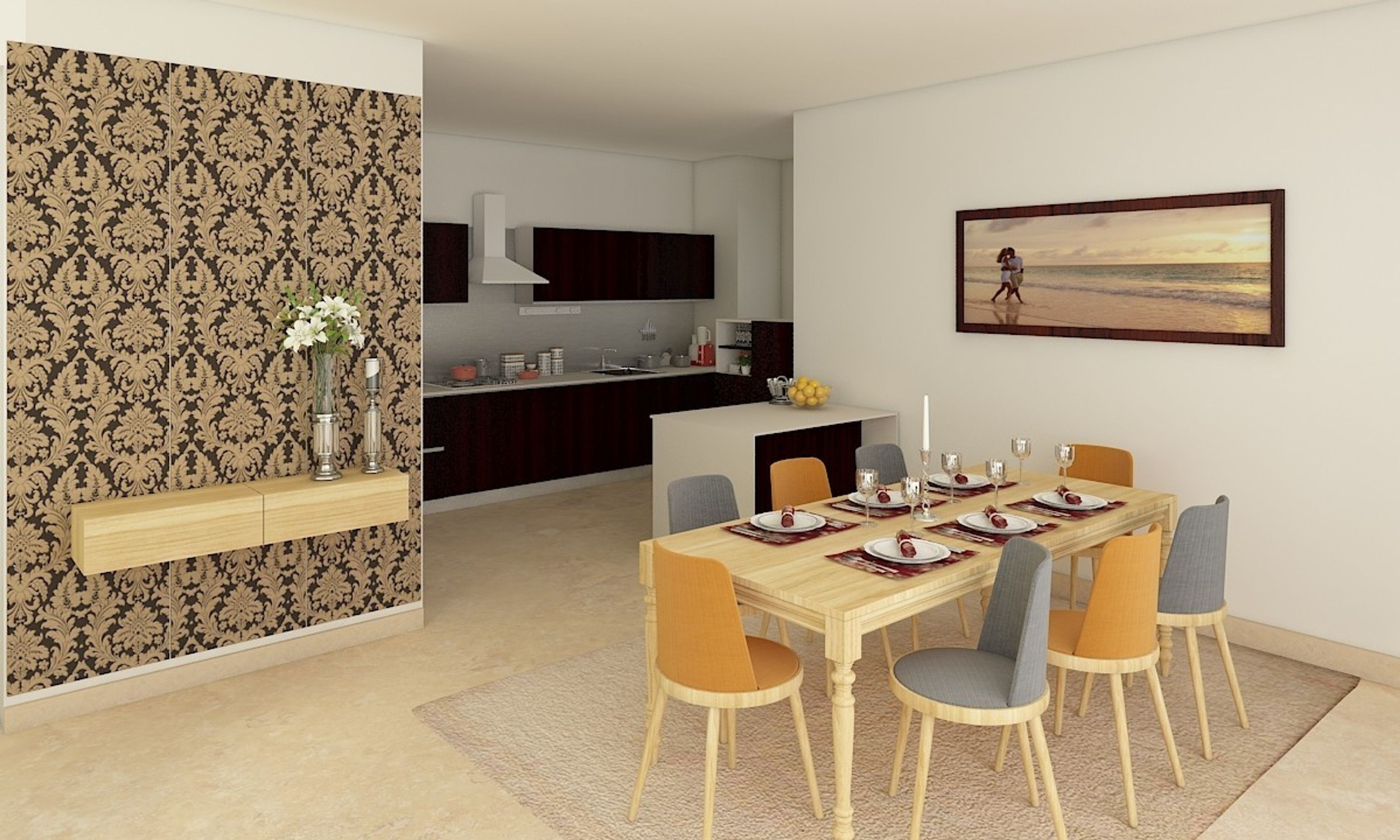 Contemporary 6-Seater Wooden Dining Room Design With Yellow And Grey Chairs