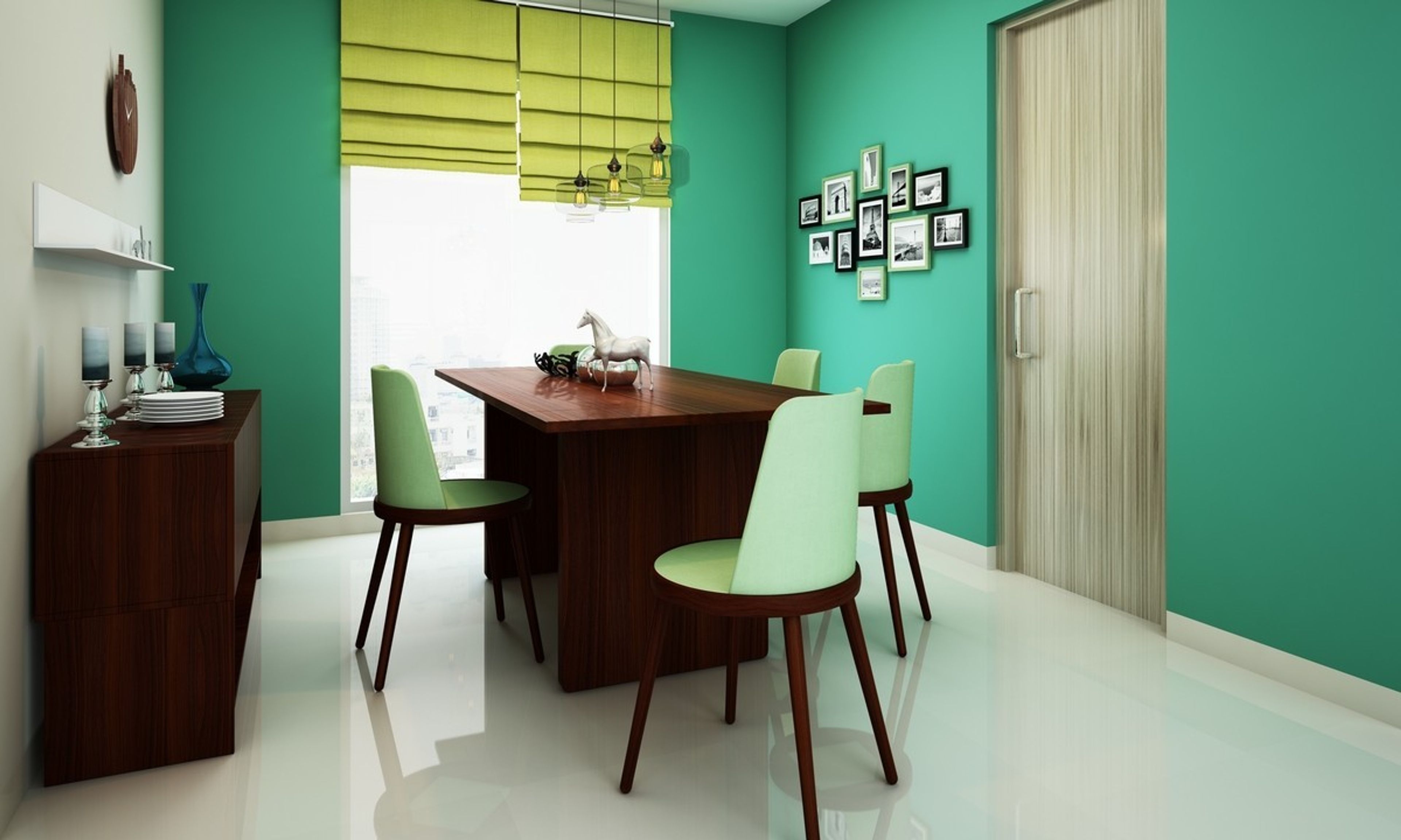 Classic Wood And Mint Green 5-Seater Dining Room Design