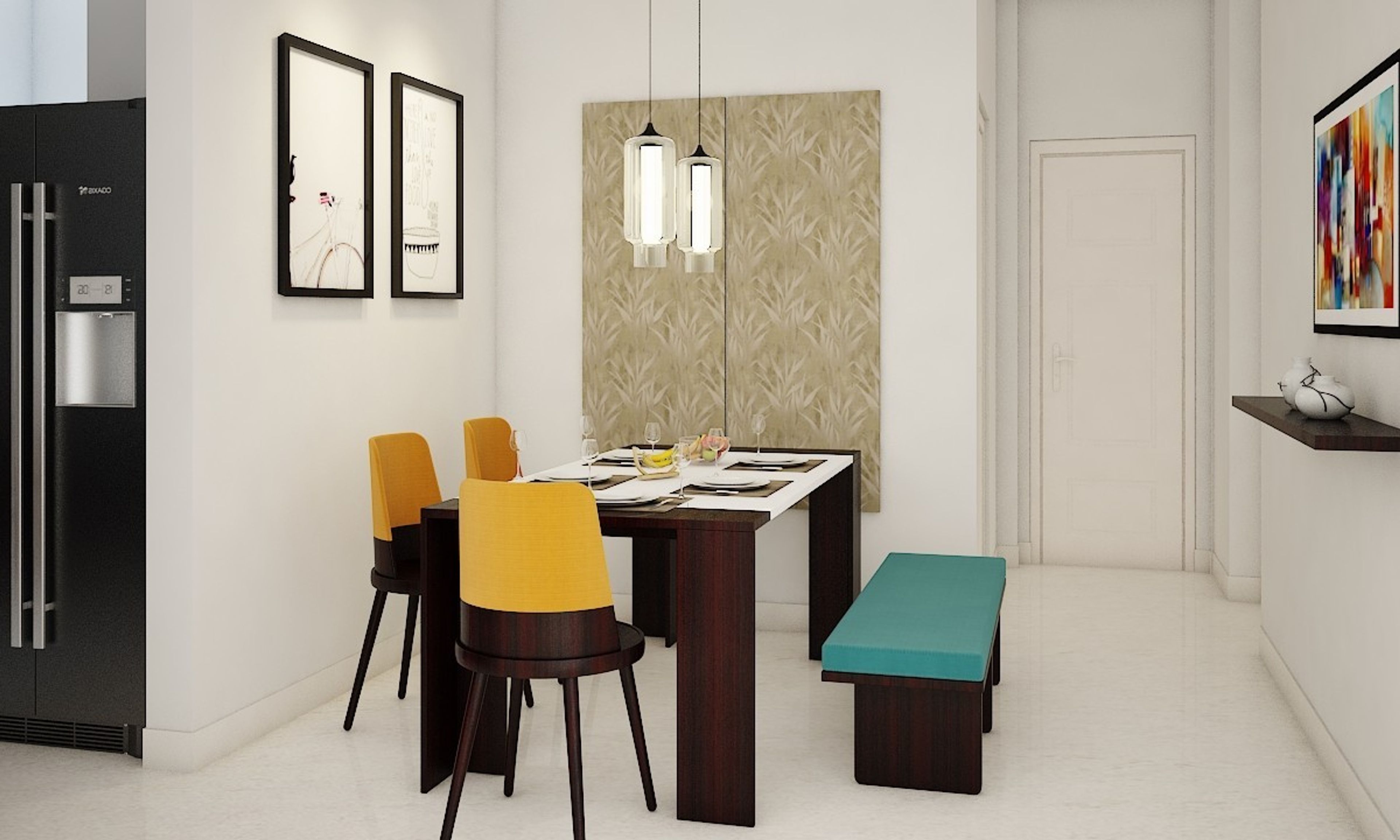 Contemporary 3-Seater Wooden Dining Room Design With Yellow Chairs And Teal Bench