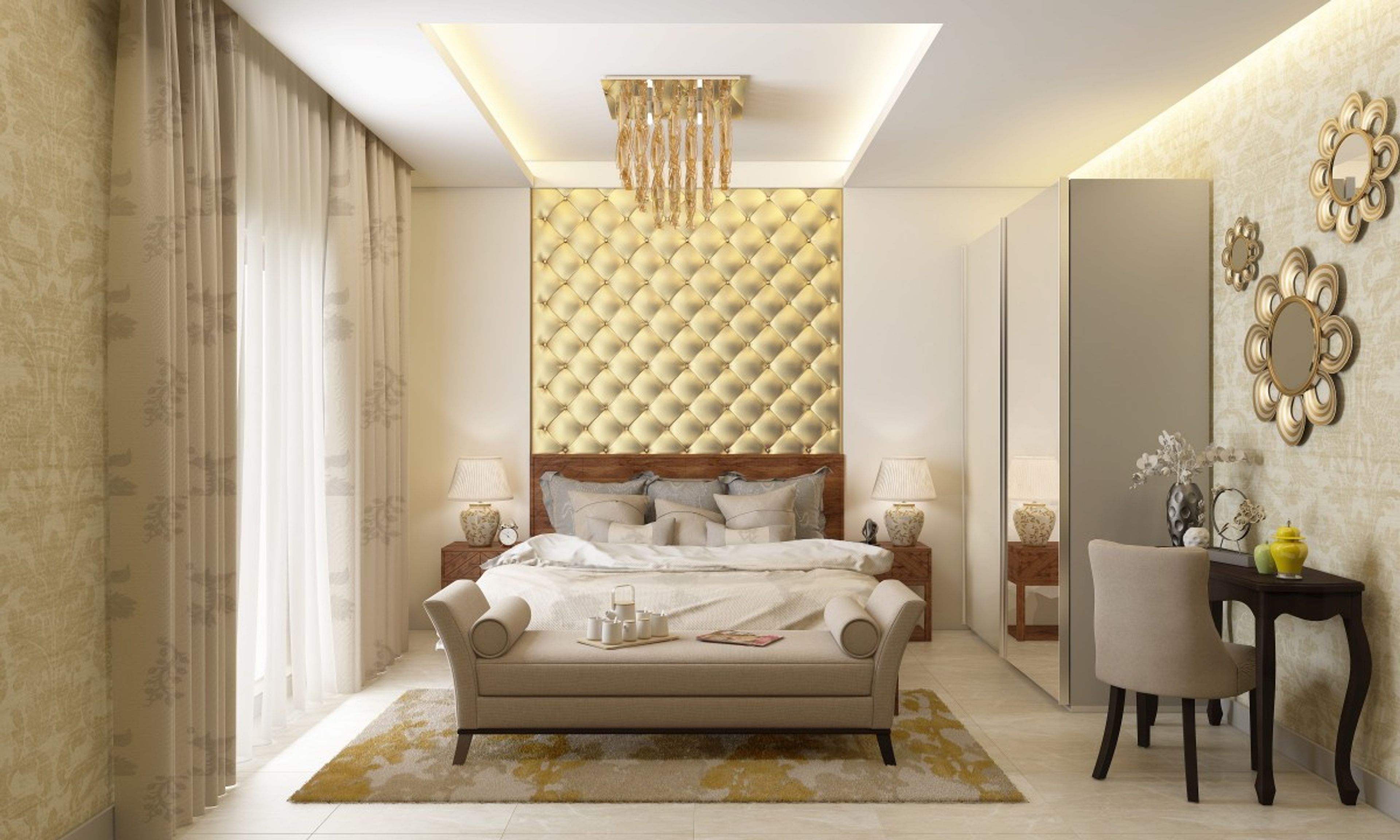 Spacious Master Bedroom Design With Wallpaper And Wall Design