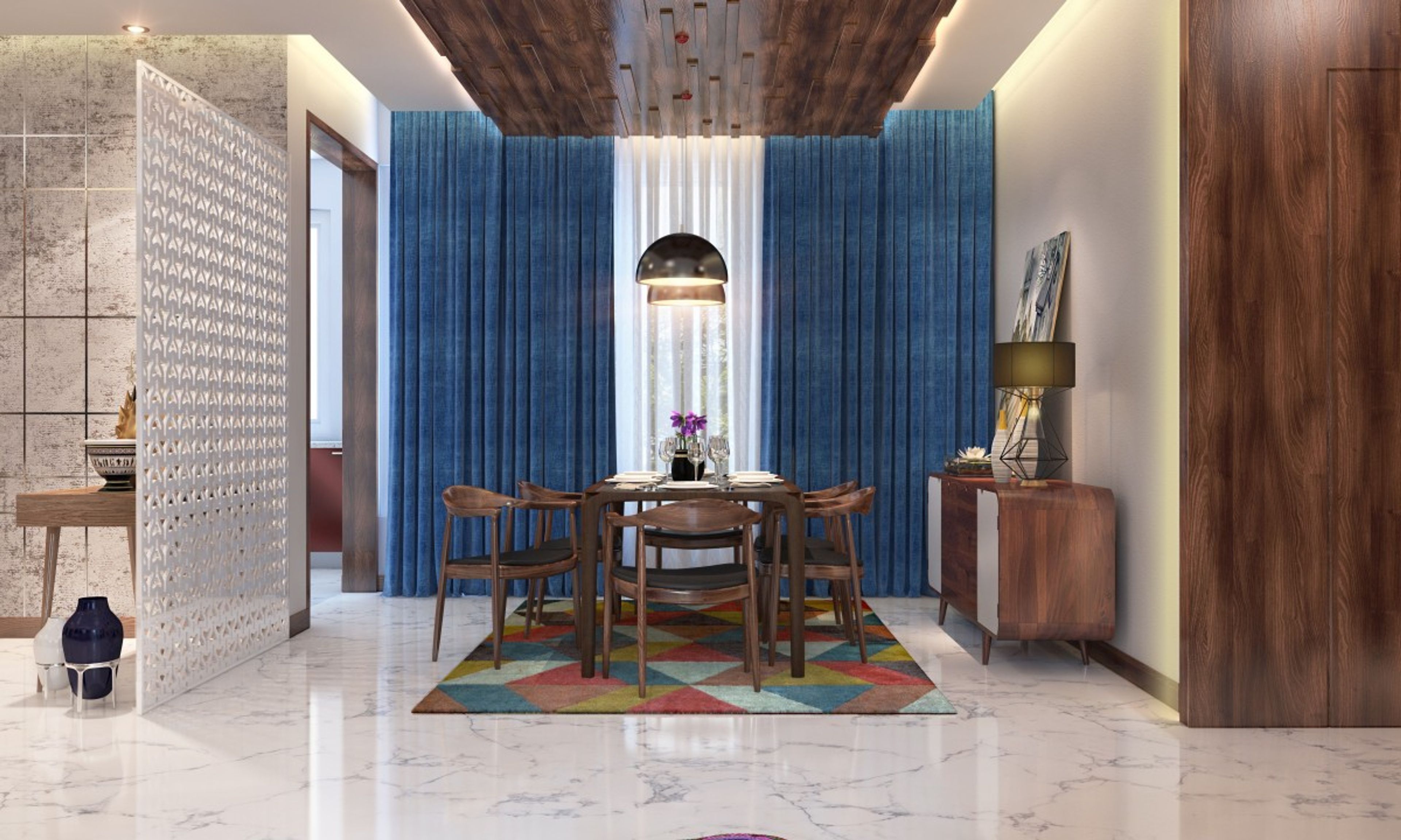 Classic 6-Seater wooden Dining Room Design With Colourful Rug