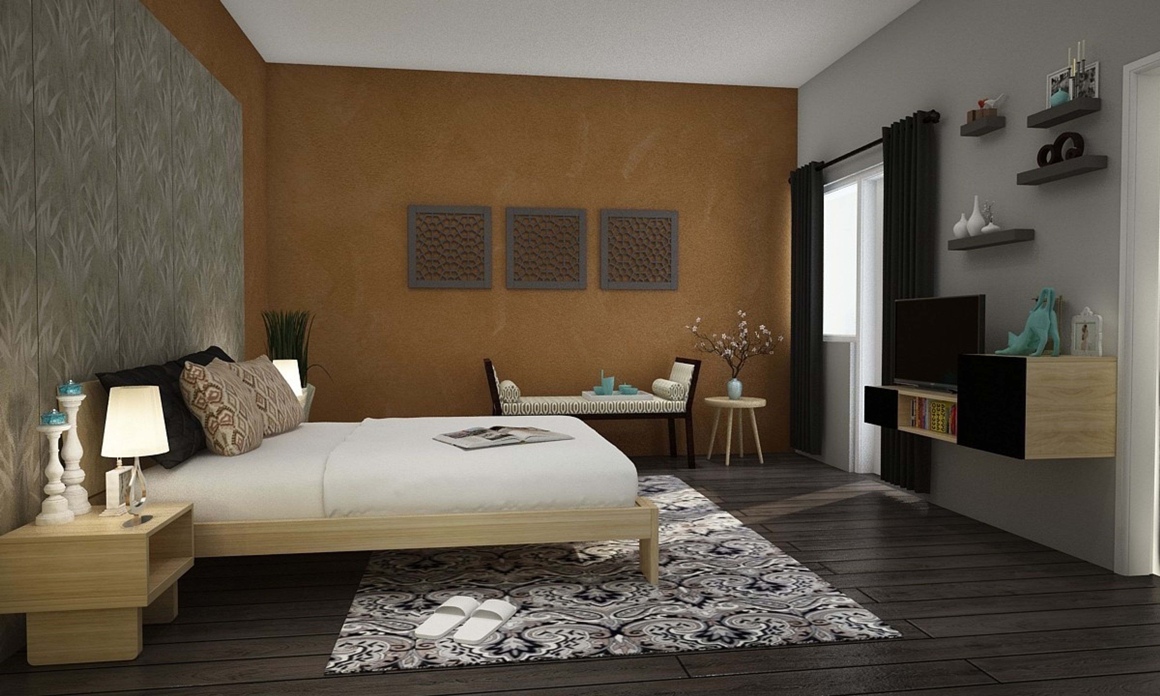 Spacious Master Bedroom Design With Leafy Wall Panelling