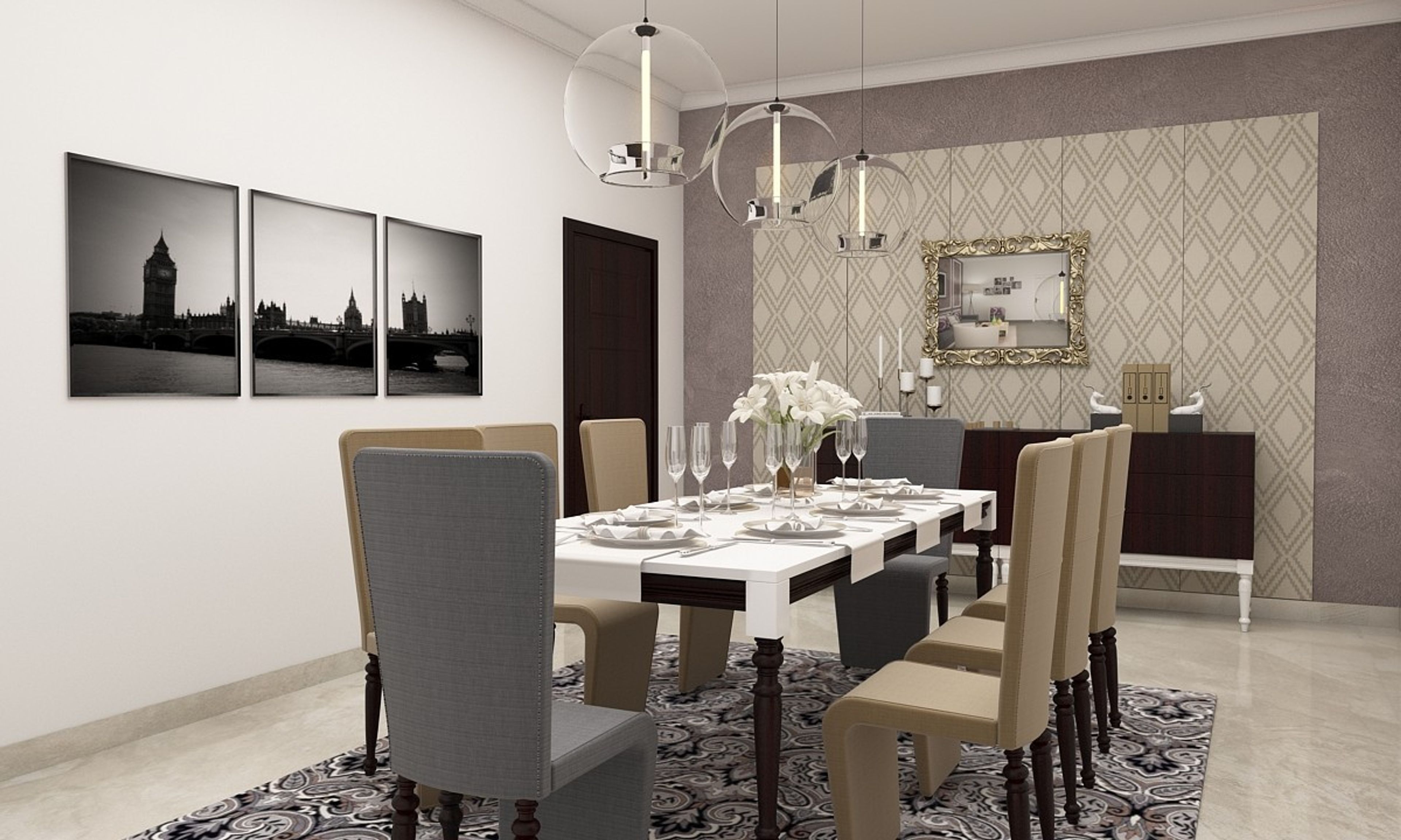 Grey And Beige 8-Seater Contemporary Dining Room Design