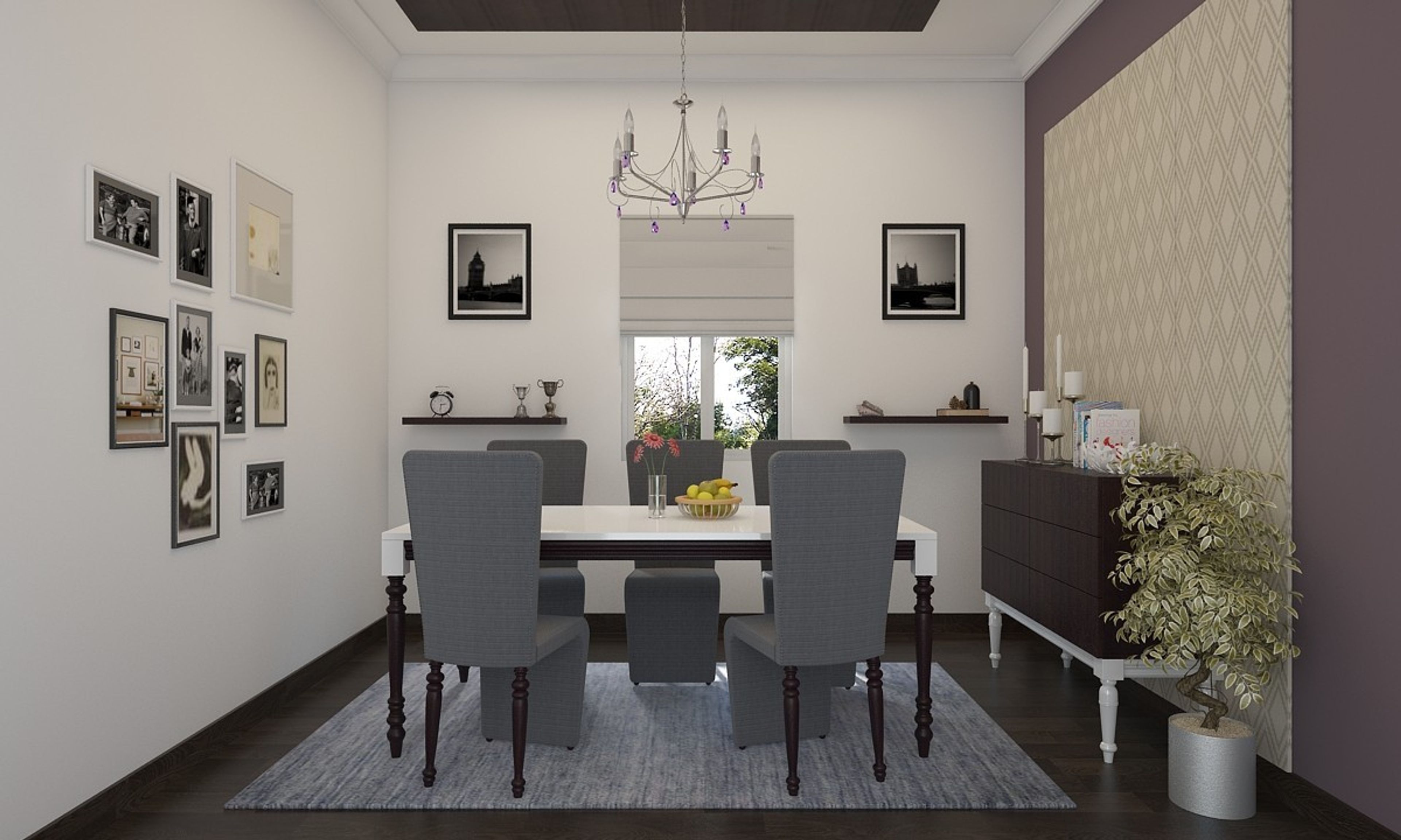 6-Seater Modern White Dining Room Design With Grey Chairs