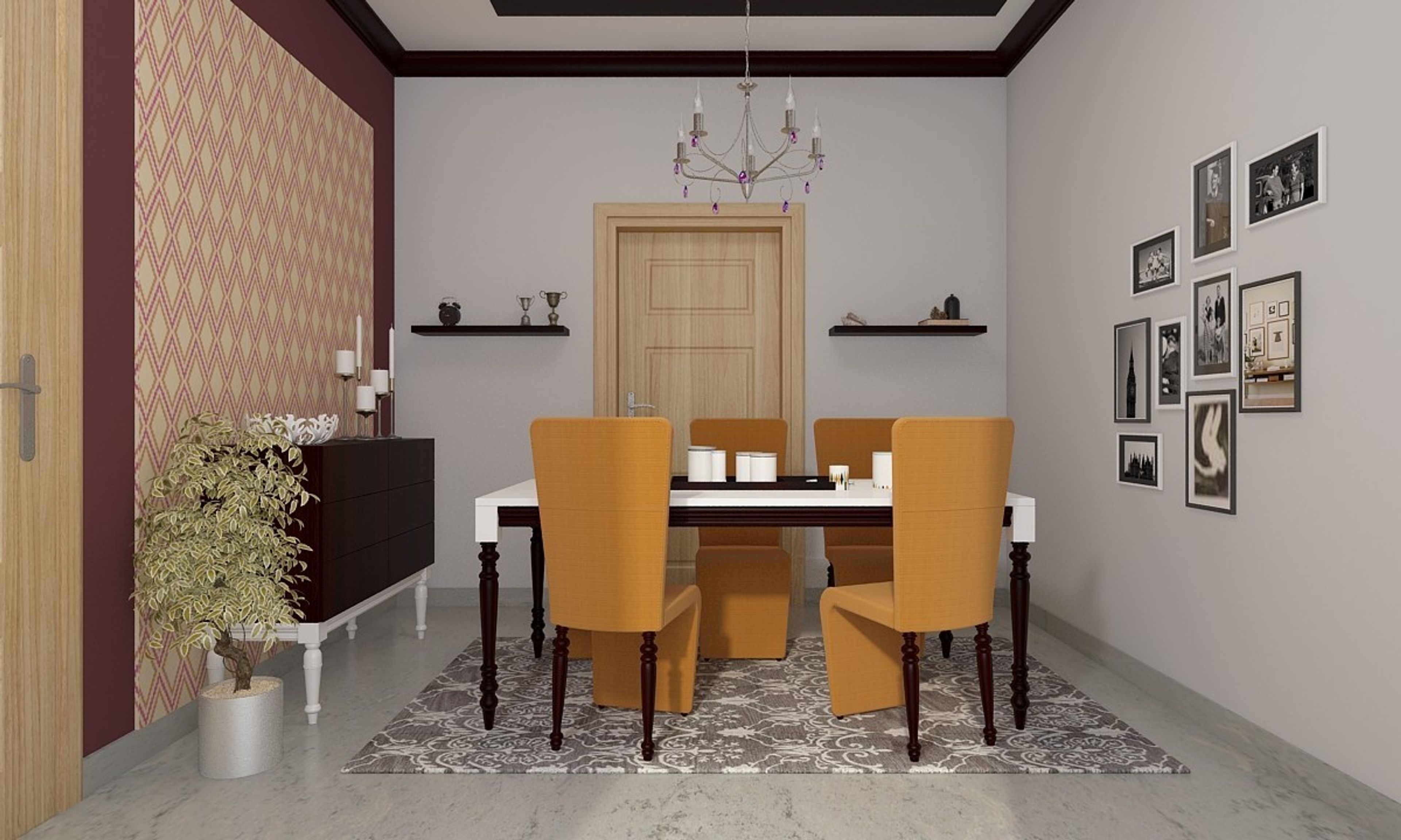 Classic 6-Seater White And Mustard Yellow Dining Room Design