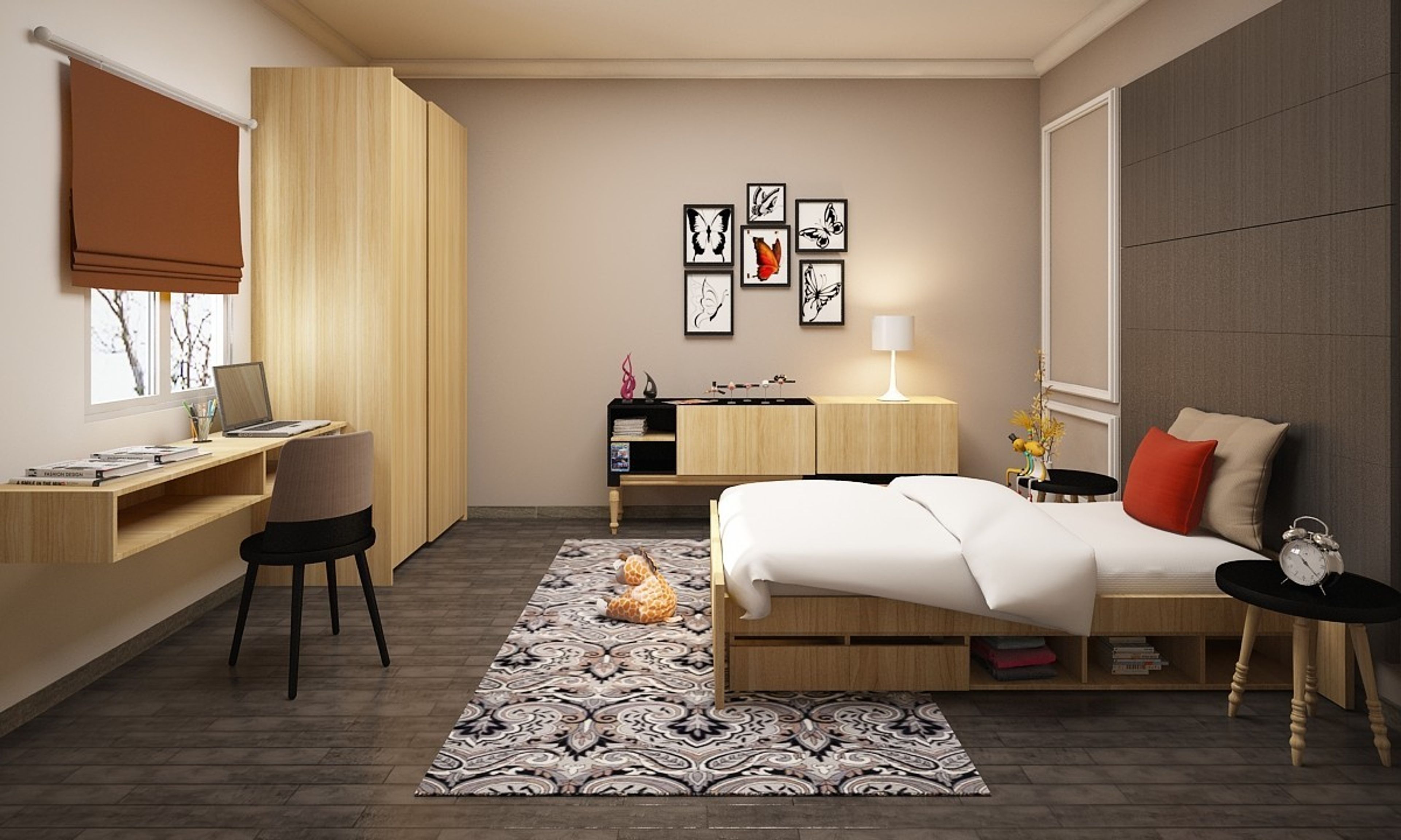 Contemporary Beige Kid's Room Design With Textured Wallpaper