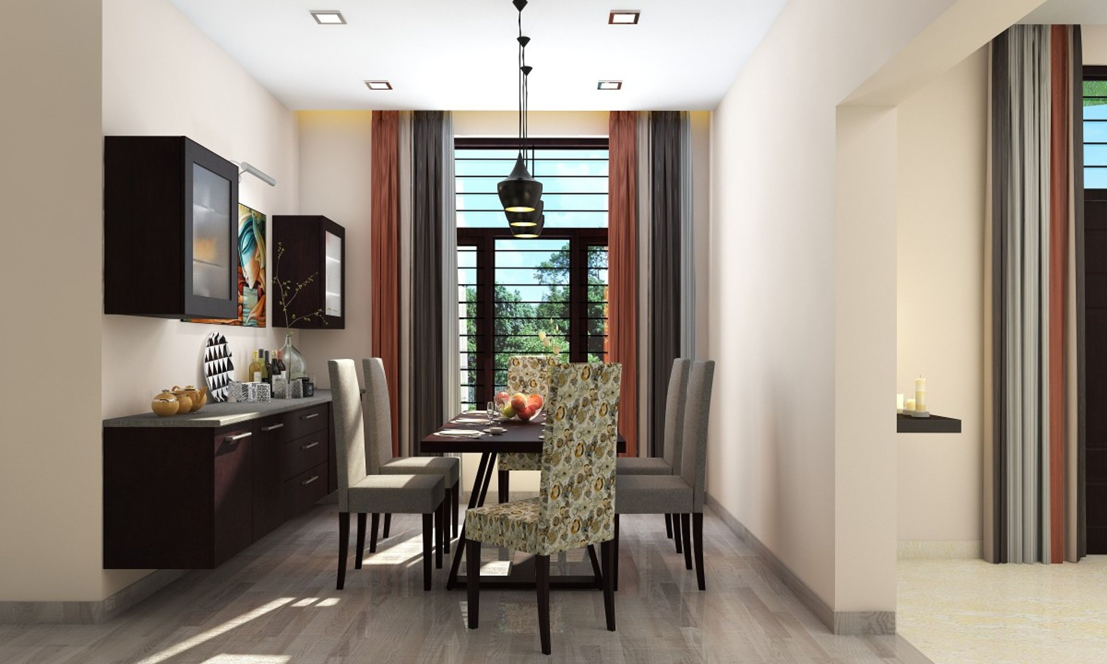 Contemporary 6-Seater Grey And Wood Dining Room Design With Accent Chairs