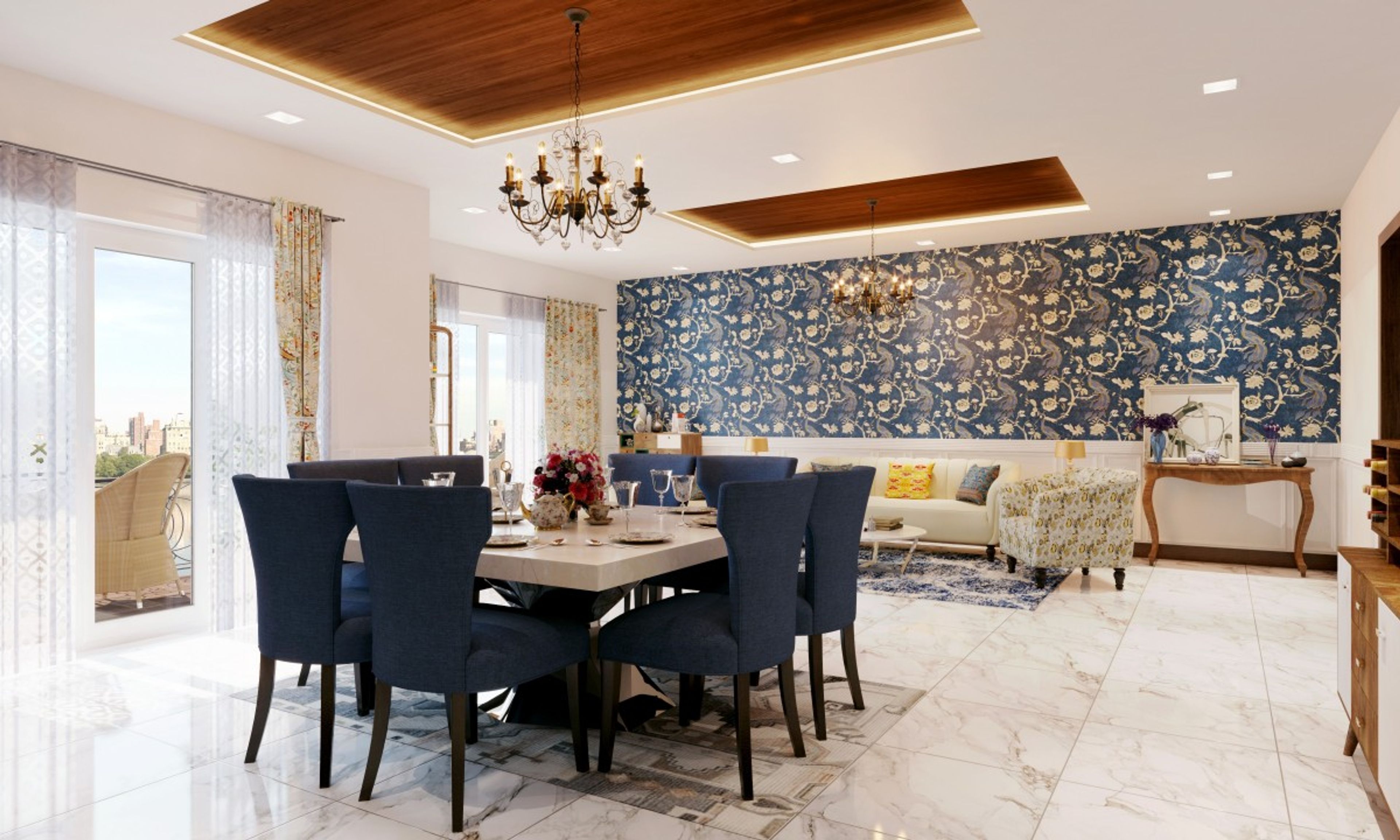 Modern 8-Seater Marble Dining Room Design With Navy Blue Chairs