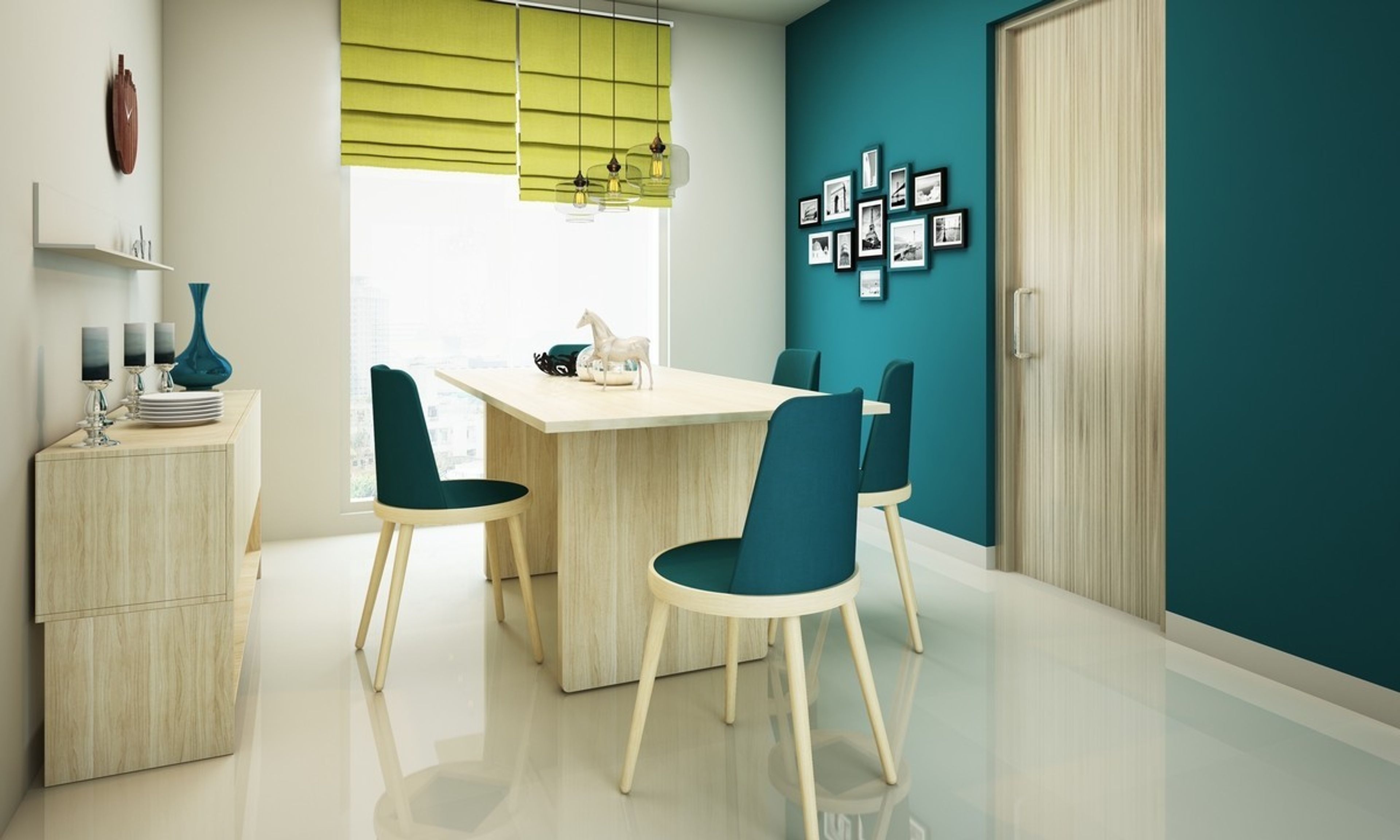 Classic Teal And Light Wood 5-Seter Dining Room Design