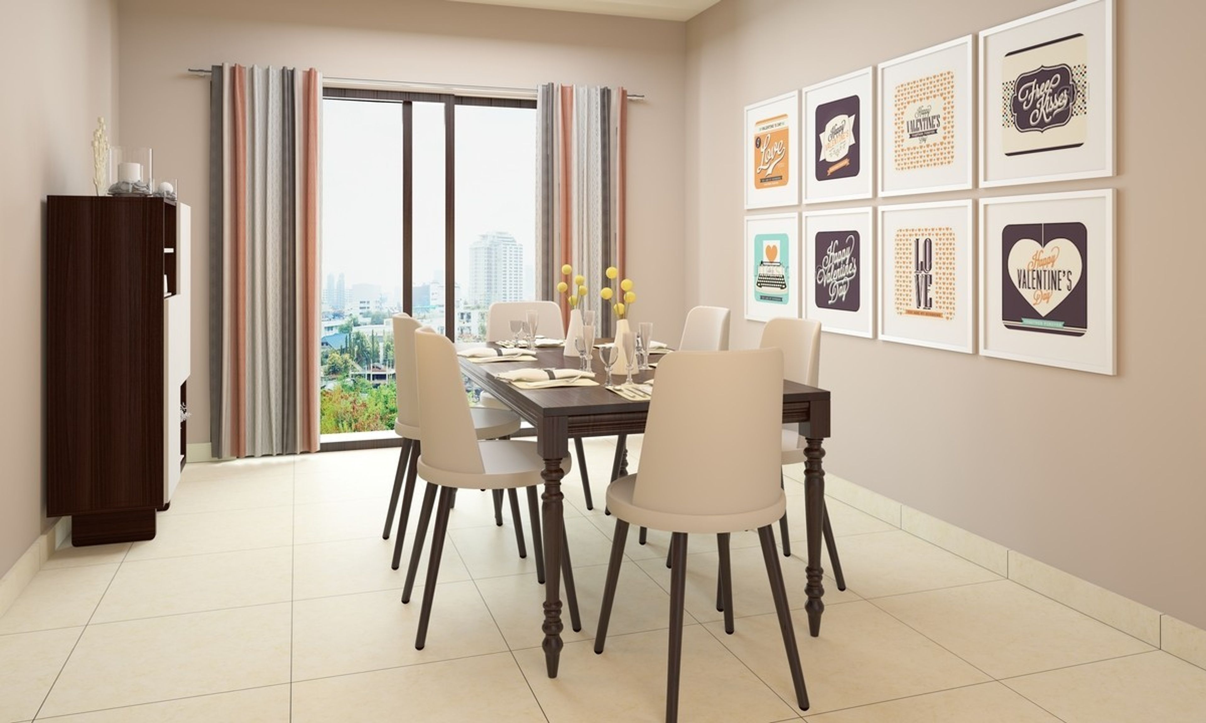 Contemporary 6-Seater Wooden Dining Room Design With Off-White Chairs