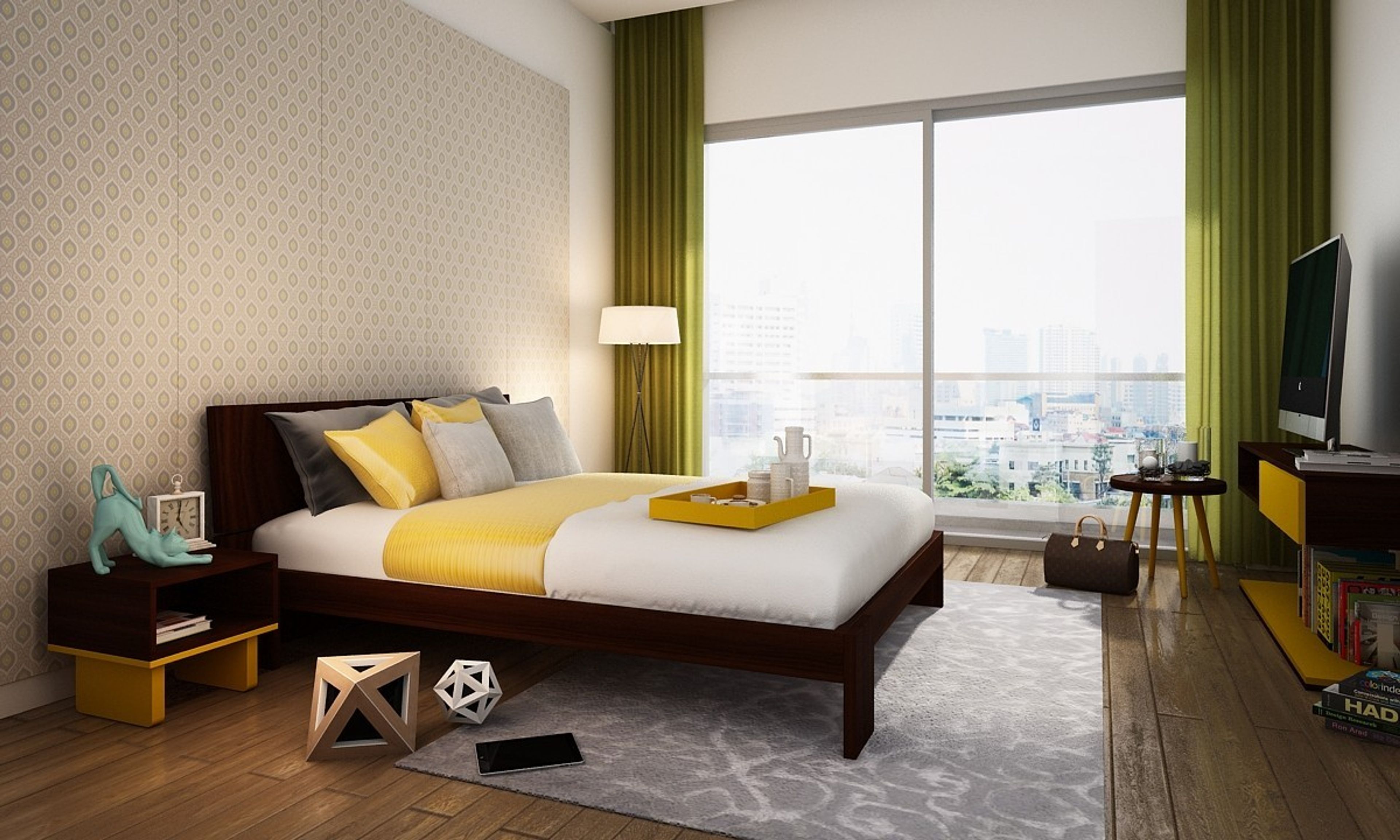 Modern Convenient Master Bedroom Design With Beige Wallpaper