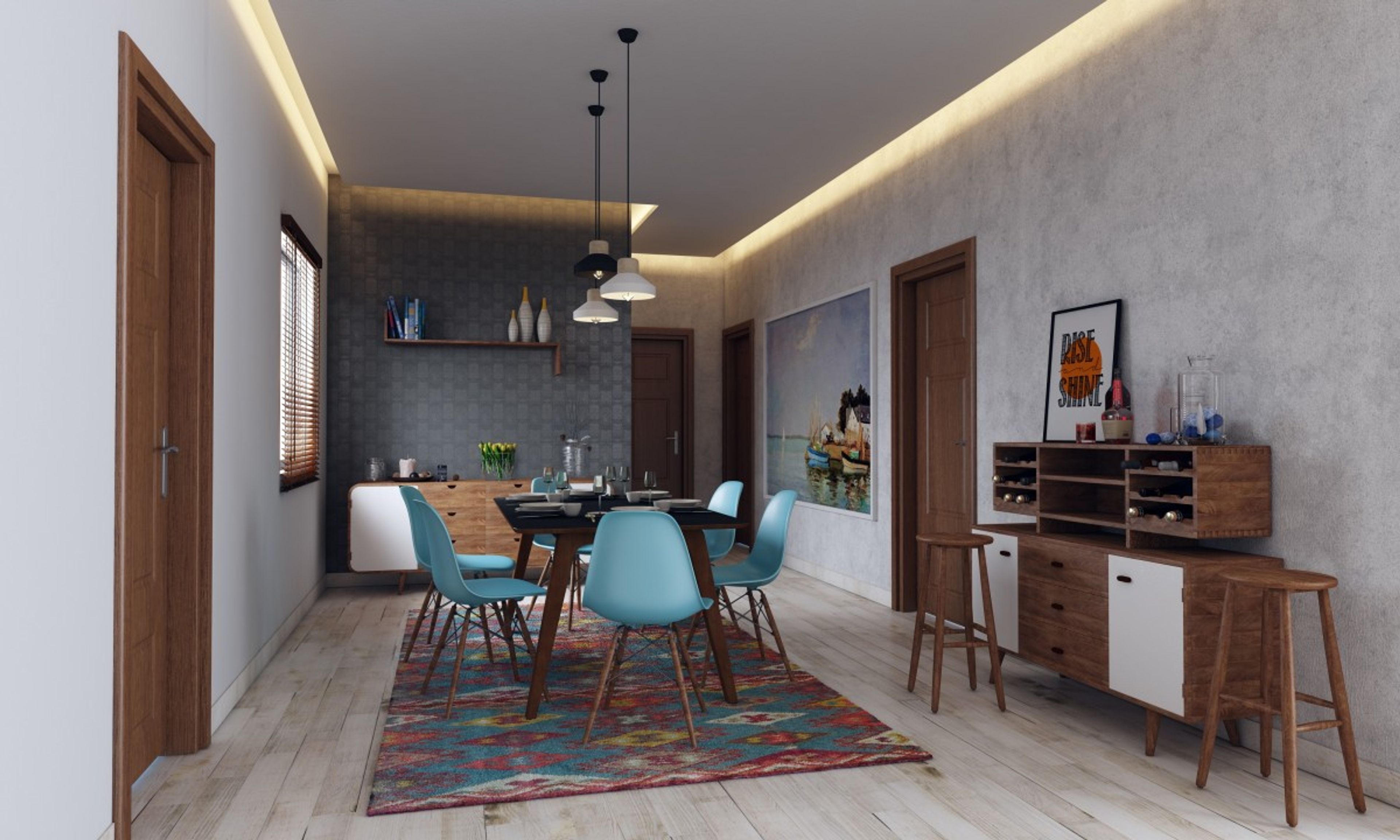 Contemporary 6-Seater Wooden Dining Room Design With Blue Chairs And Black Countertop