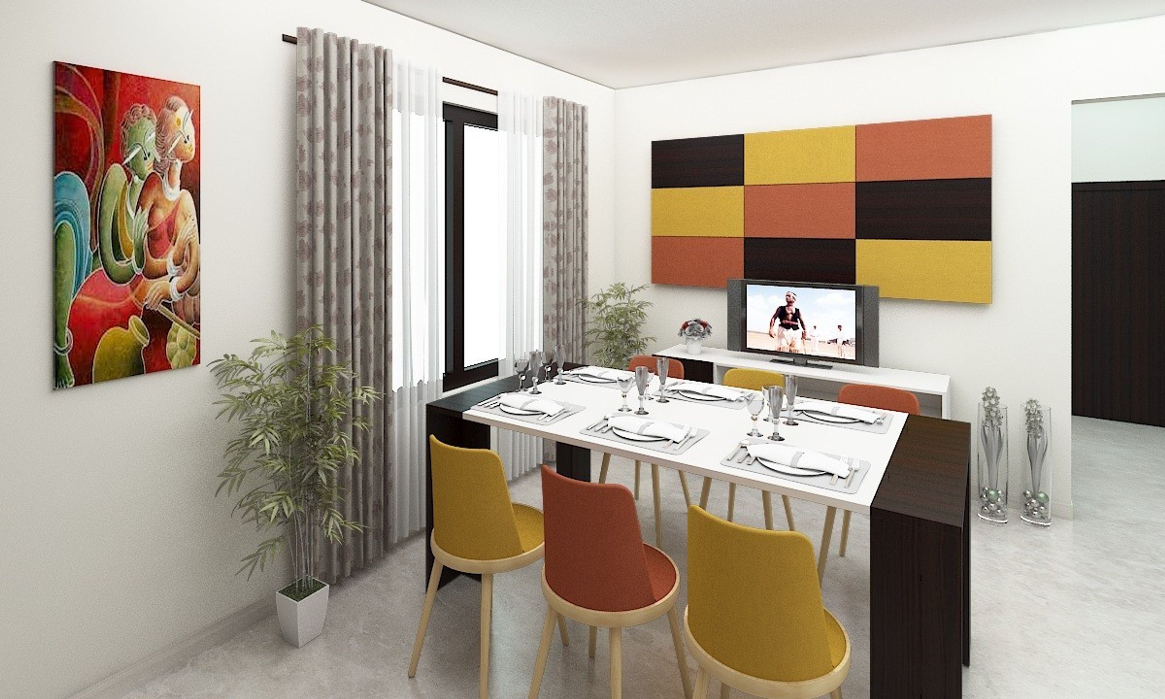 Contemporary 6-Seater Wooden Dining Room Design With Orange And Yellow Chairs