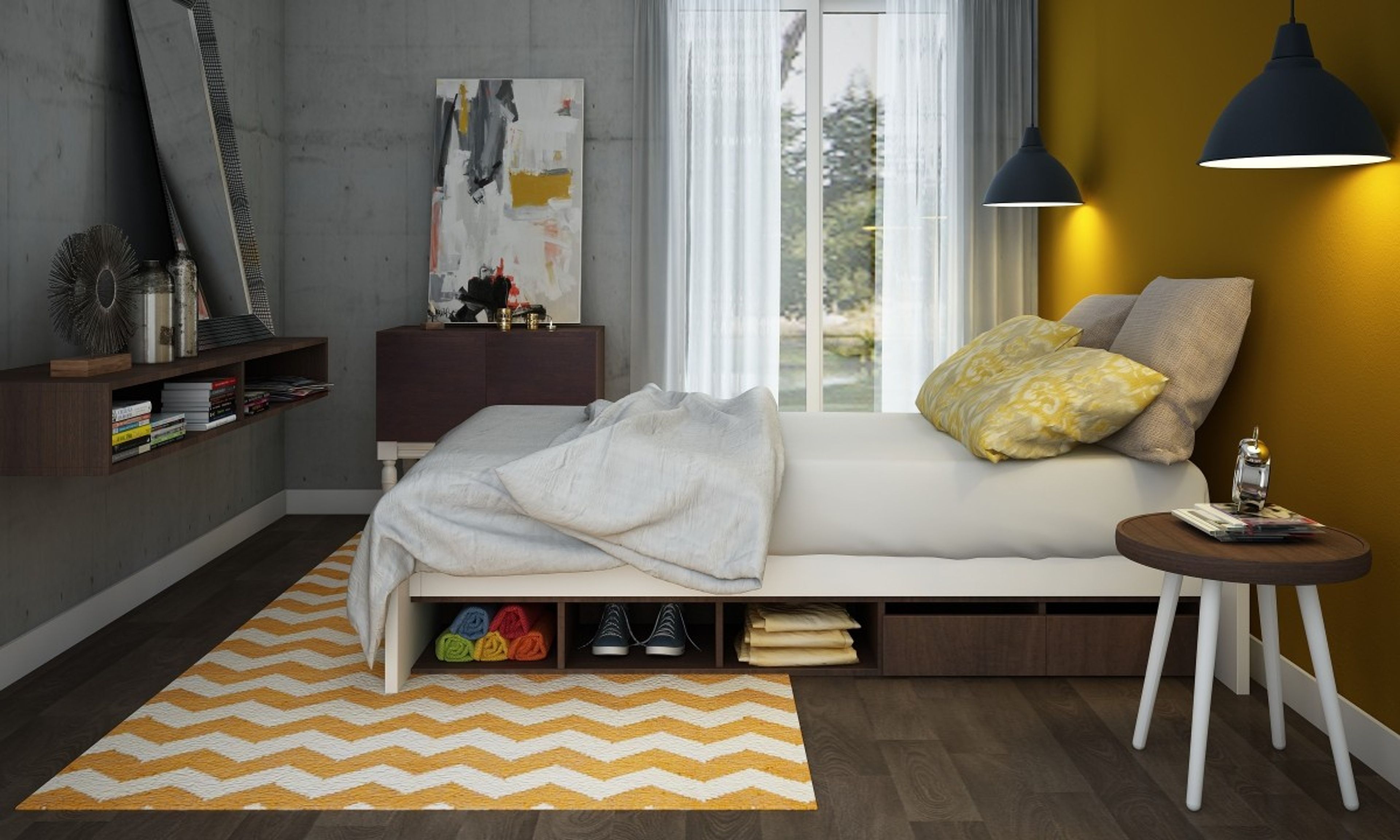 Modern Matte Yellow Master Bedroom Design With Wallpaint