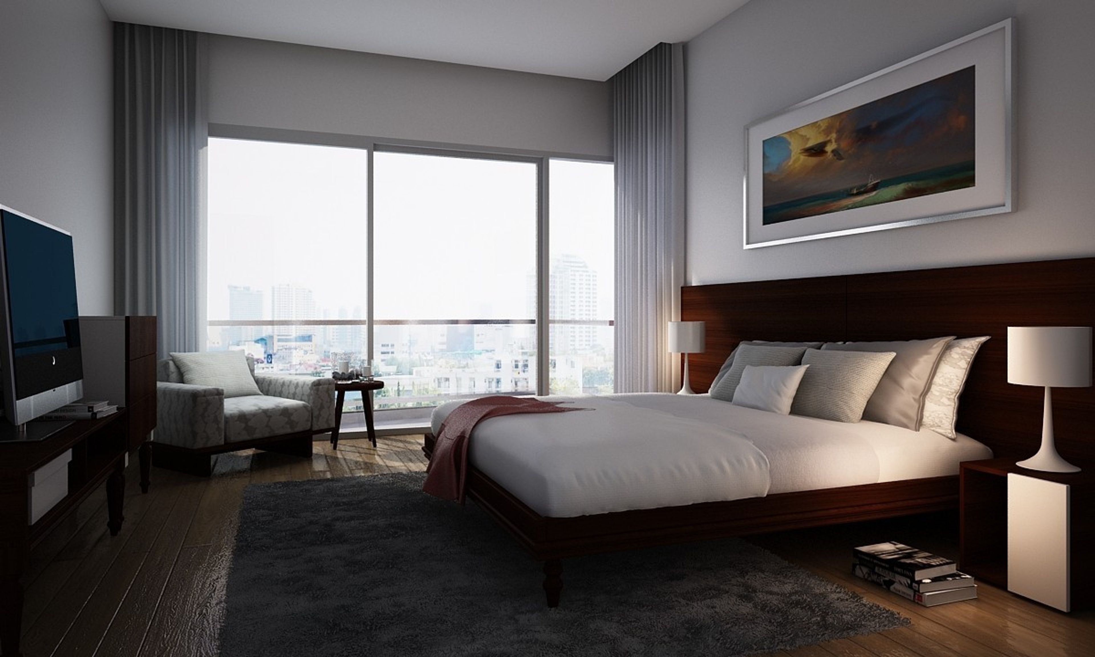 Modern White Master Bedroom Interior Design With Wooden Headboard