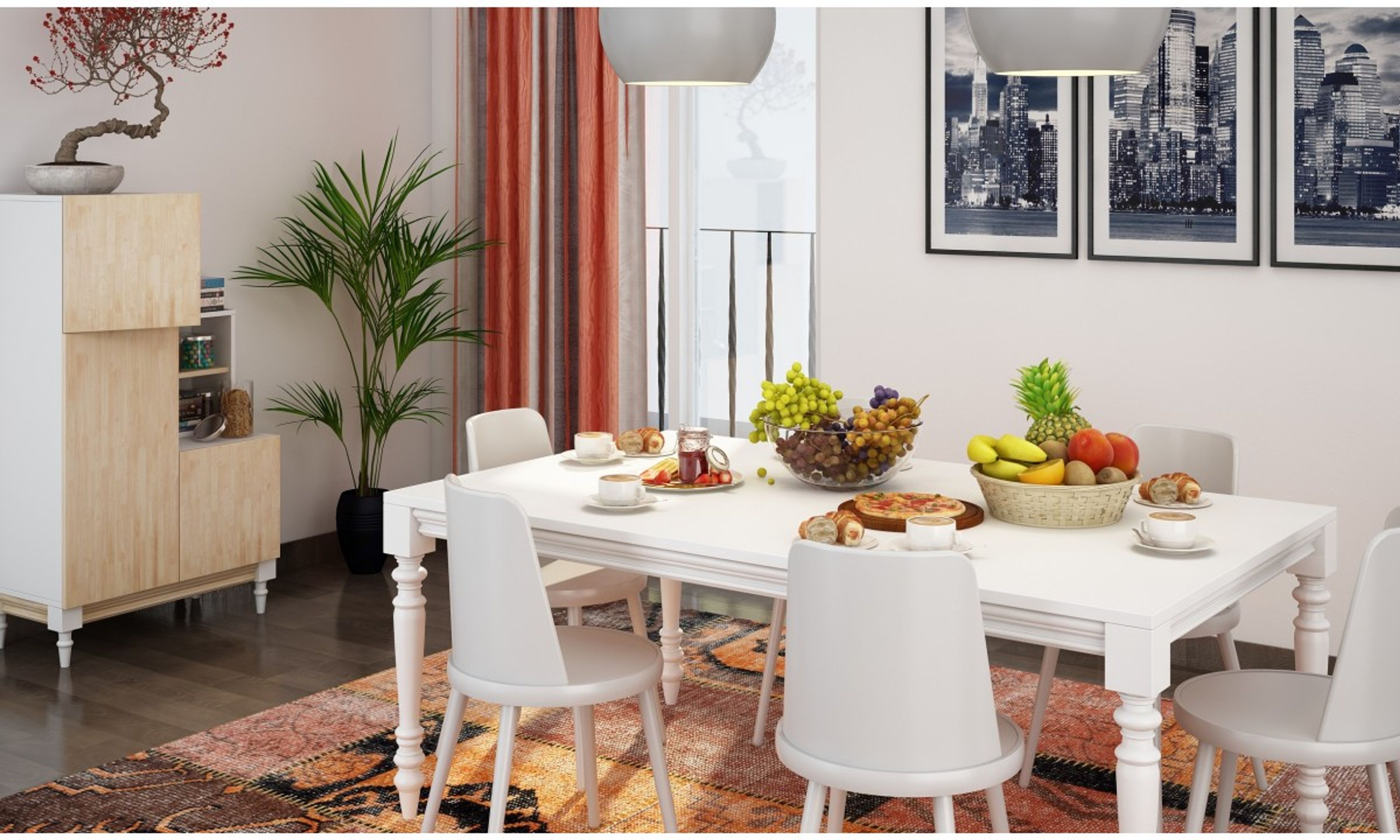 Contemporary 6-Seater All-White Dining Room Design