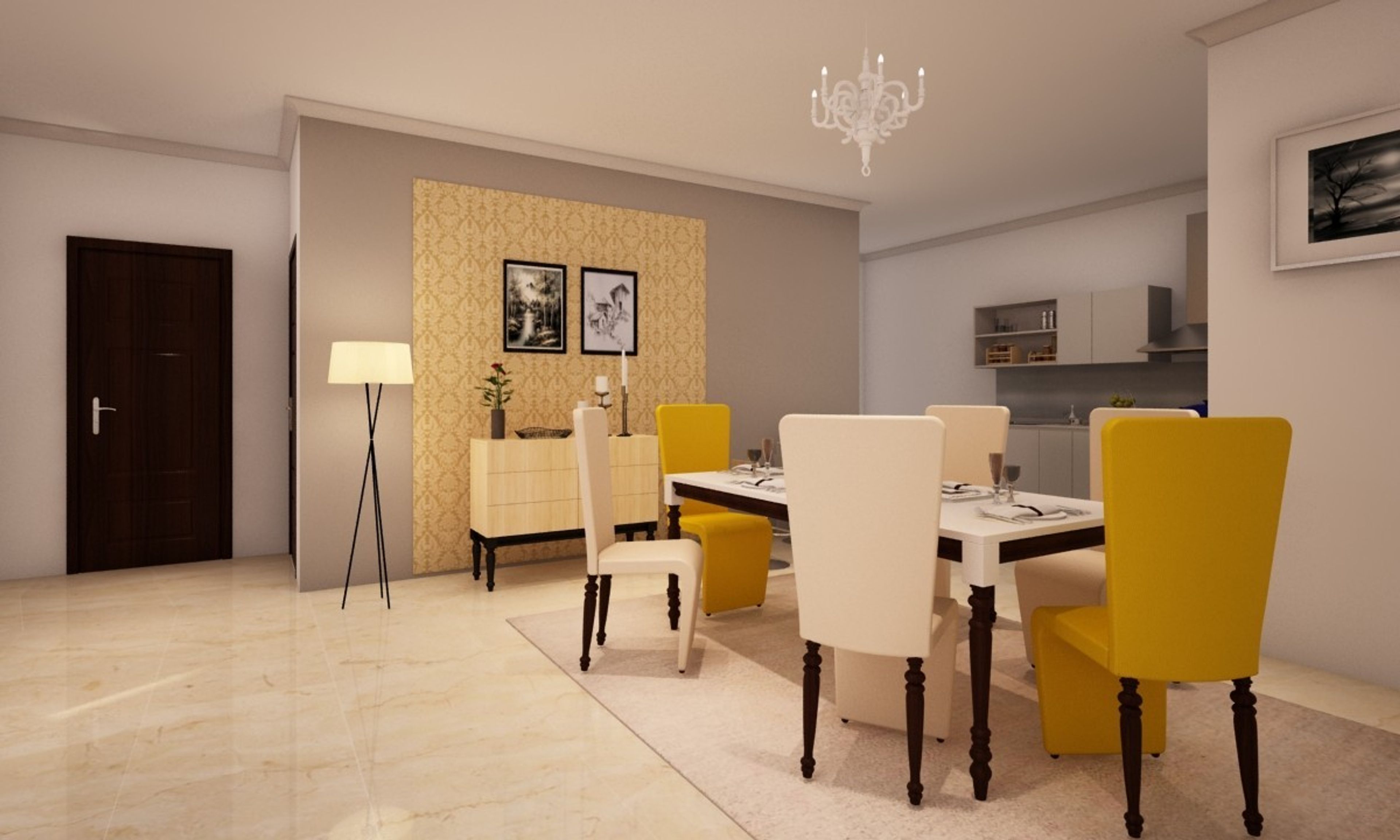 Contemporary White And Yellow 6-Seater Dining Room Design