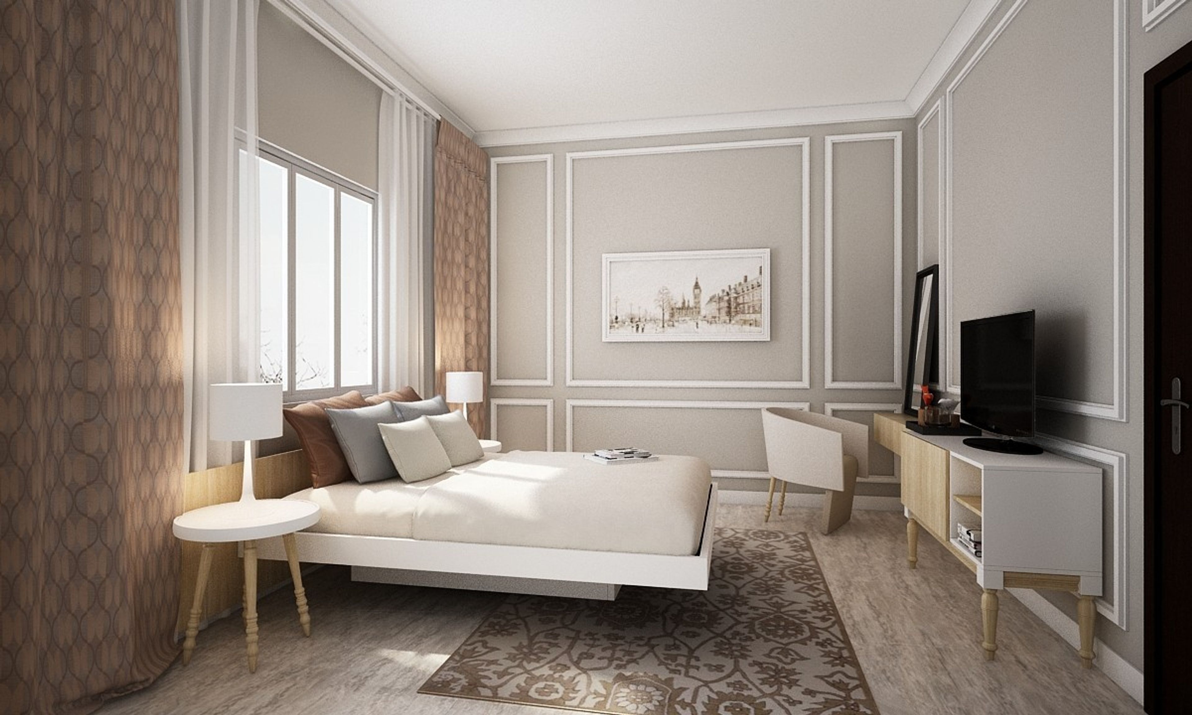 Classic Master Bedroom Design With Grey And White