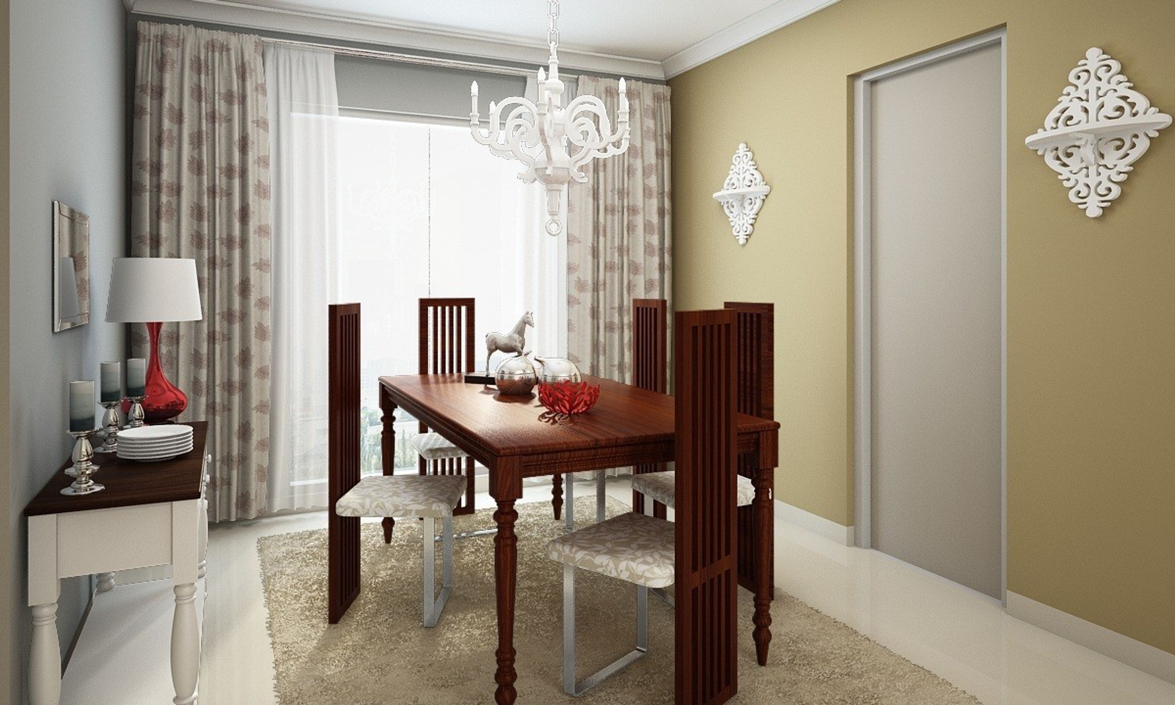 Contemporary 5-Seater Wooden Dining Room Design With White And Wood Chairs