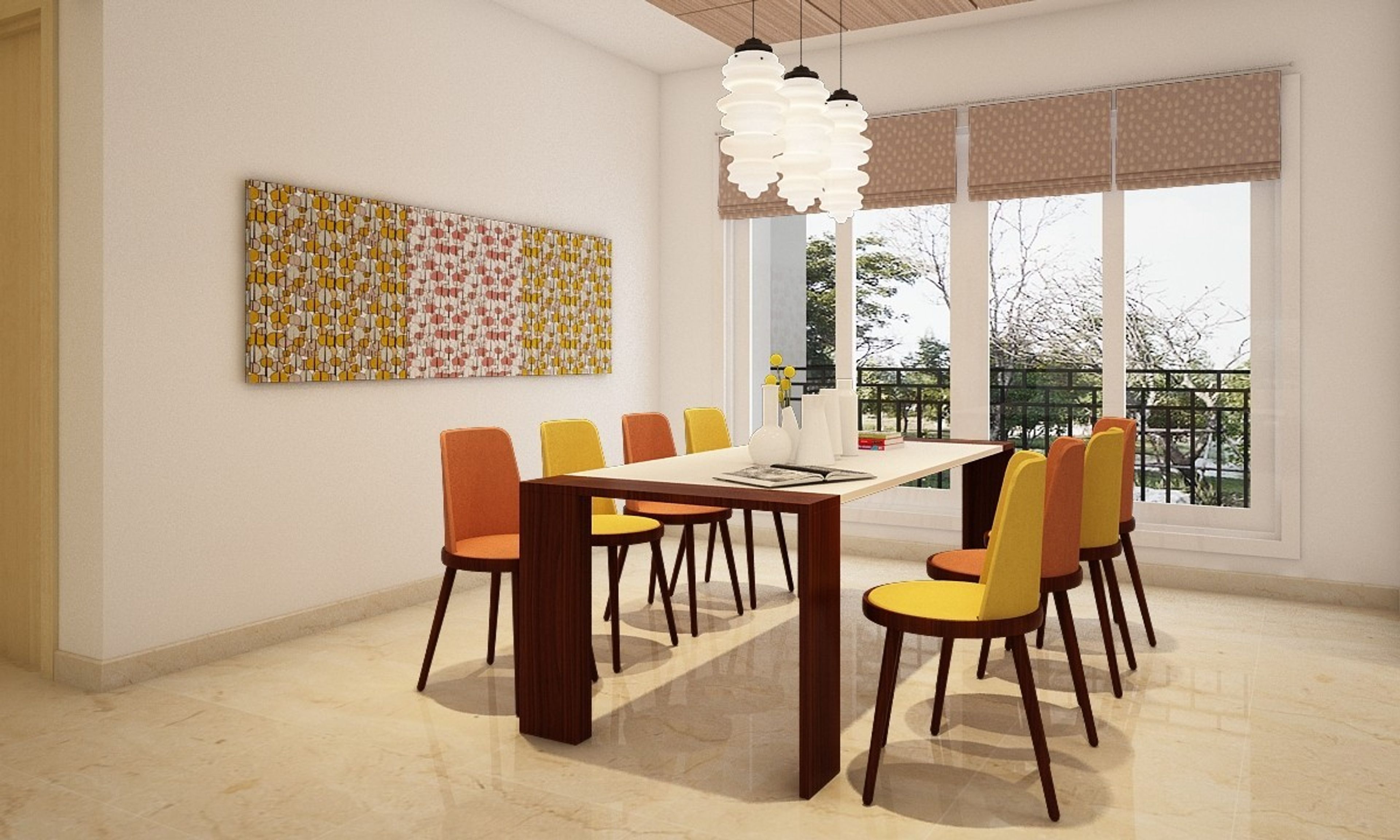 Contemporary 8-Seater Dining Room Design With Orange And Yellow Chairs