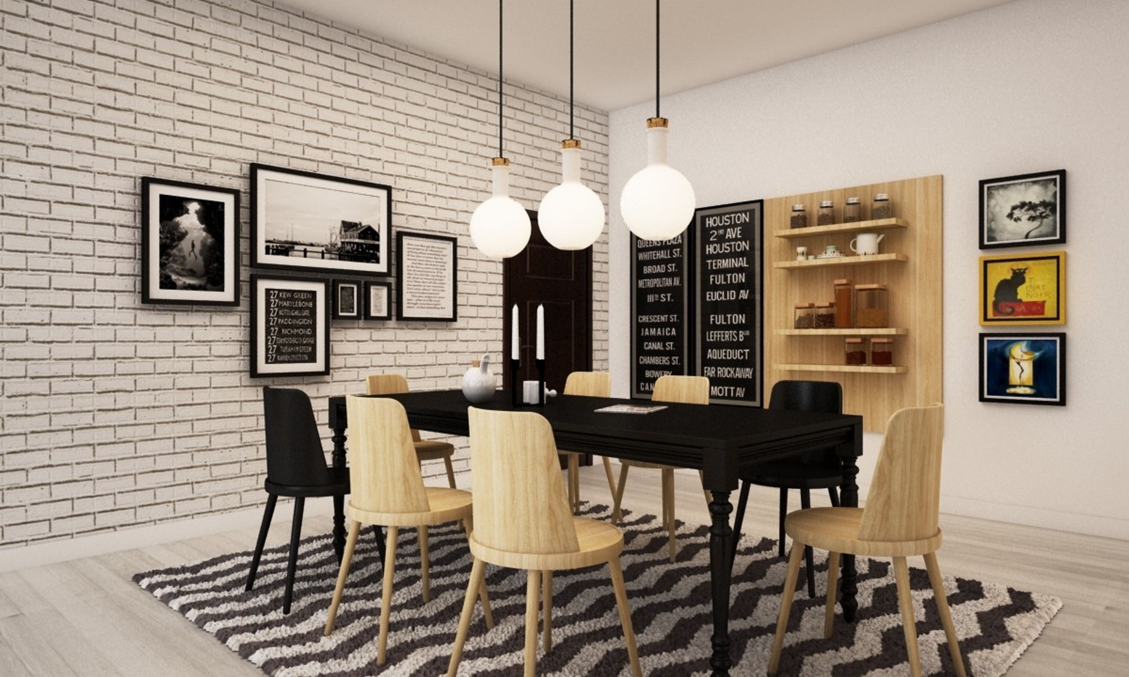 Contemporary 8-Seater Black And Light Wood Dining Room Design With Long Black Table