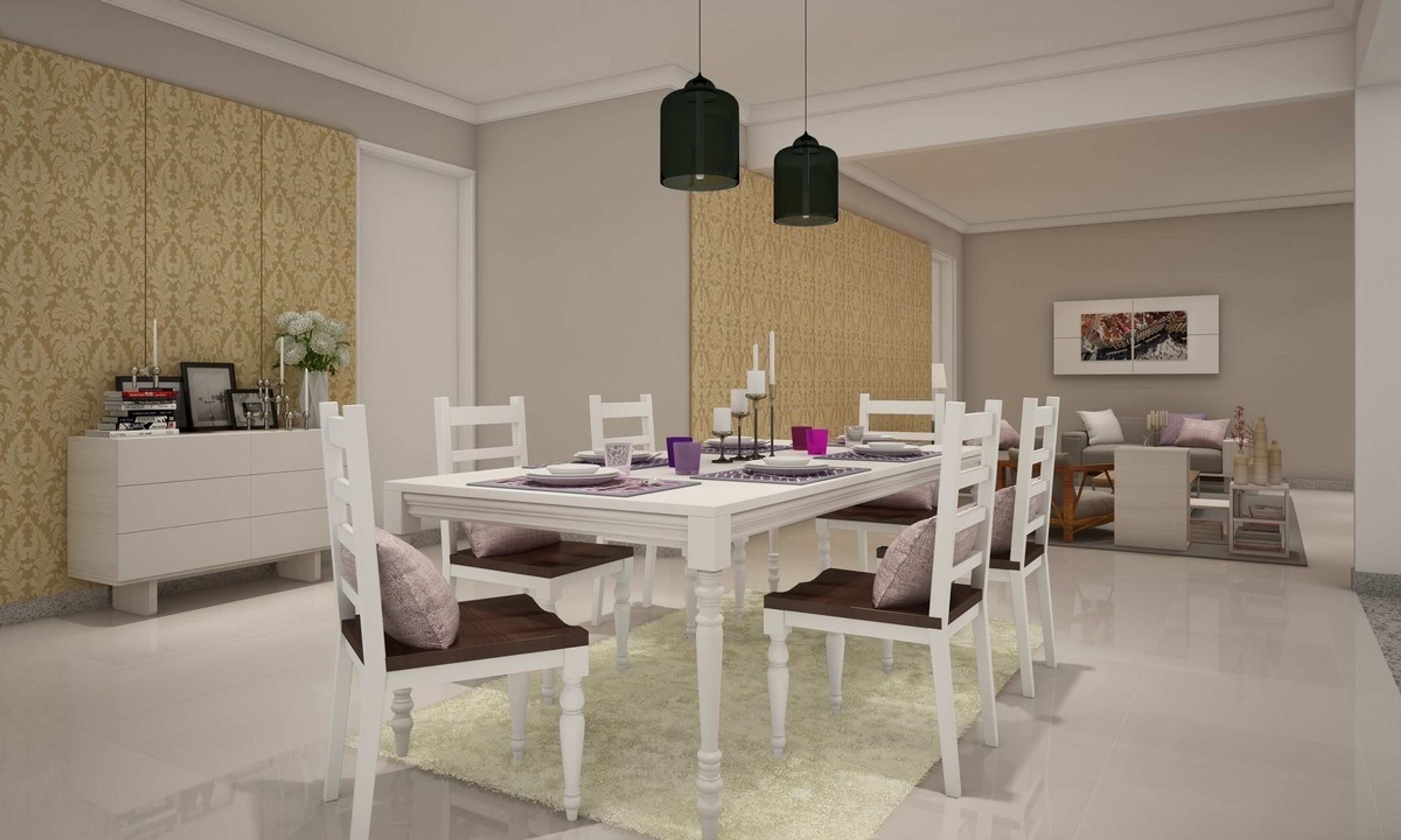 Contemporary White And Wood 6-Seater Dining Room Design