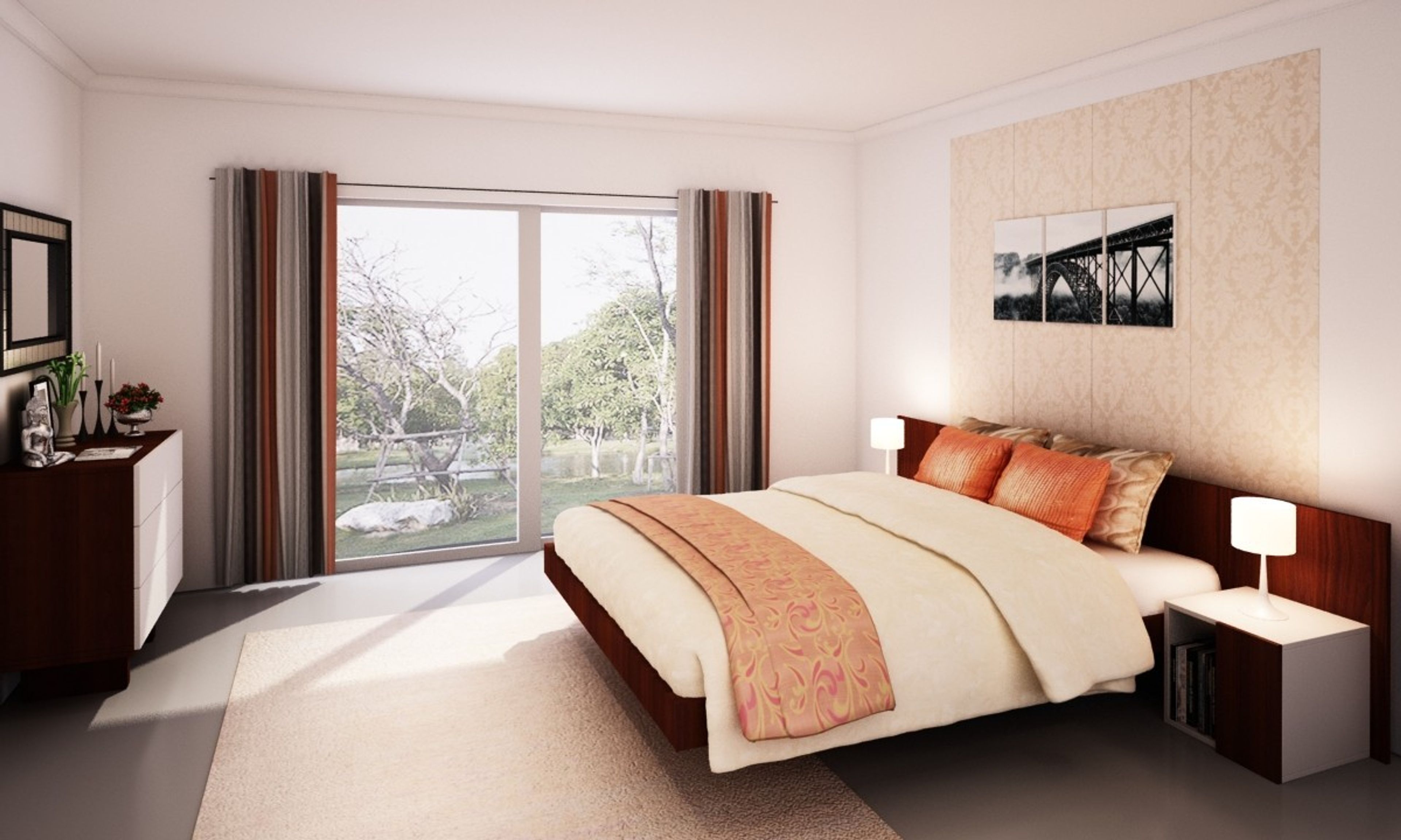 Contemporary Master Bedroom Design With Damask Wallpaper