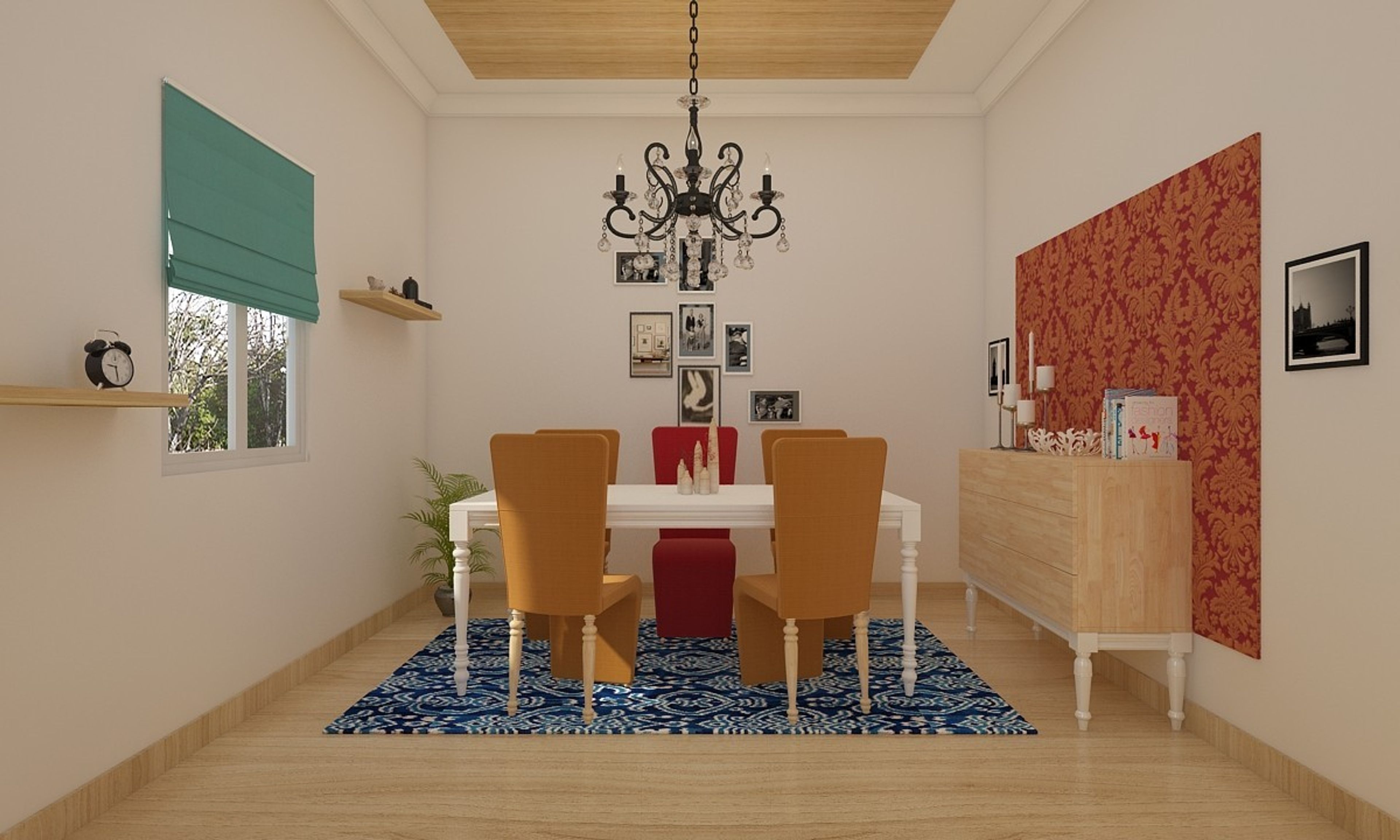 Classic 5-Seater White Dining Room Design With Red And Yellow Chairs