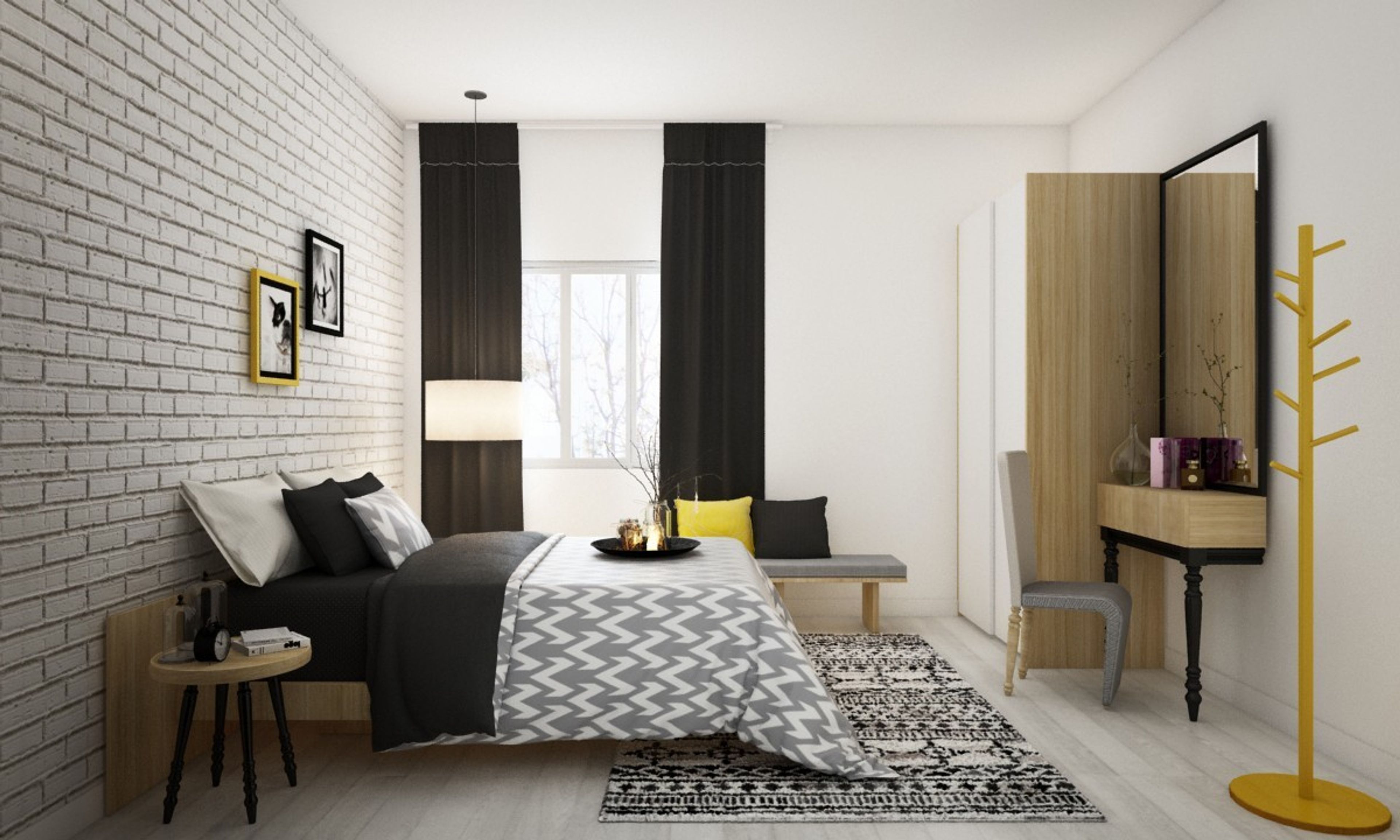 Minimalistic Spacious White And Dark Grey Bedroom Design With Wallpaint