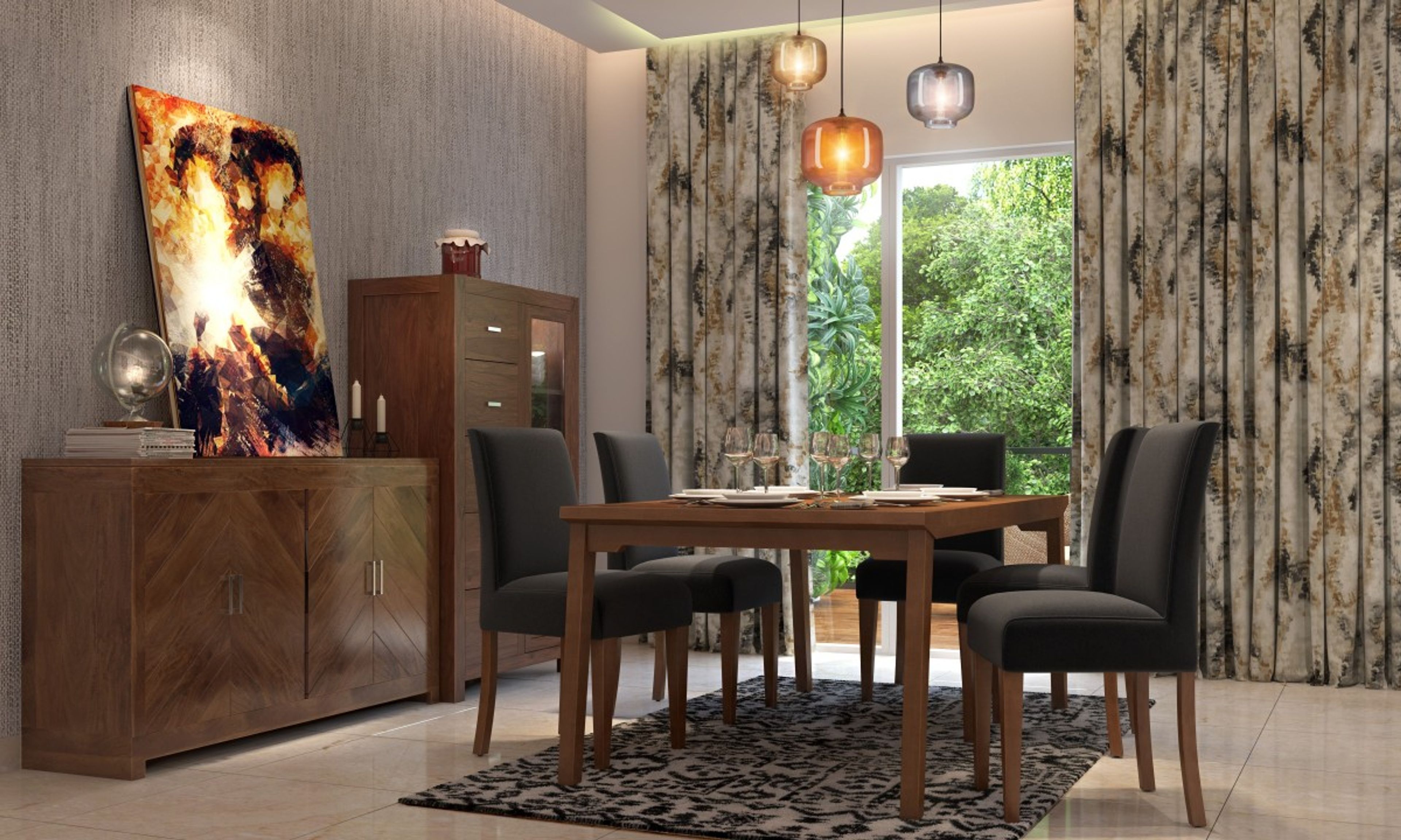 Modern 5-Seater Black And Wood Dining Room Design