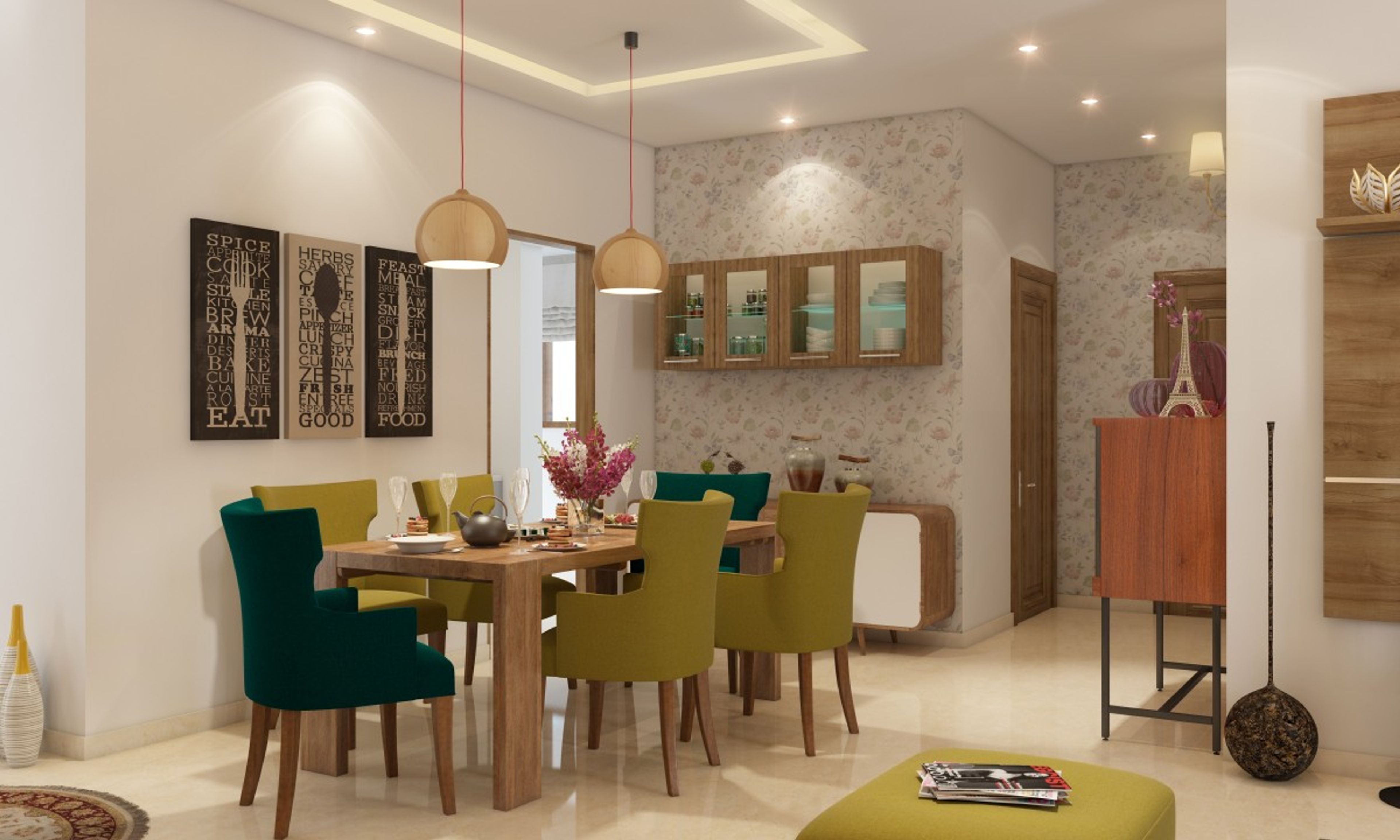 Contemporary Mustard Yellow And Teal 6-Seater Dining Room Design