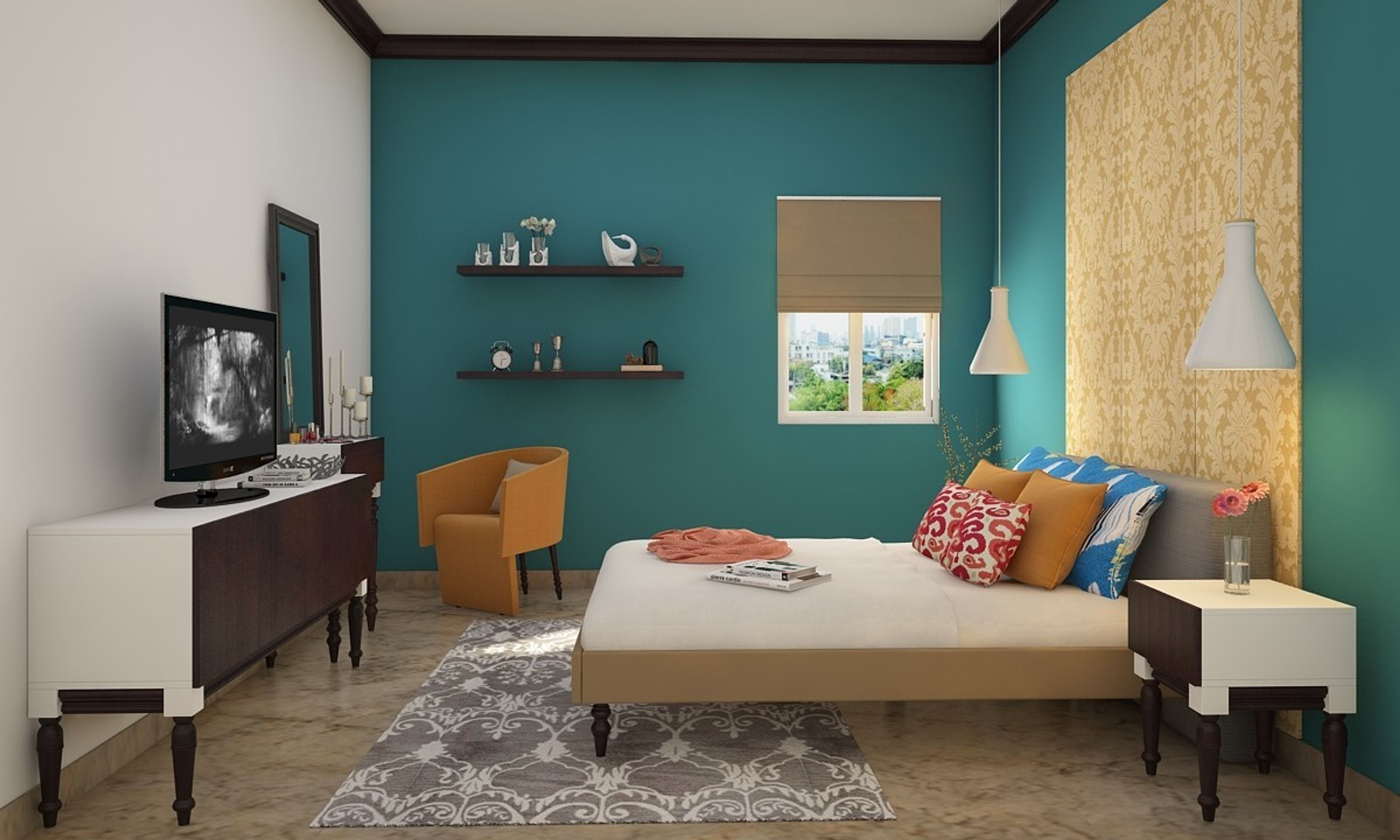 Modern Green And Black Guest Bedroom Design With Bed Back Panelling