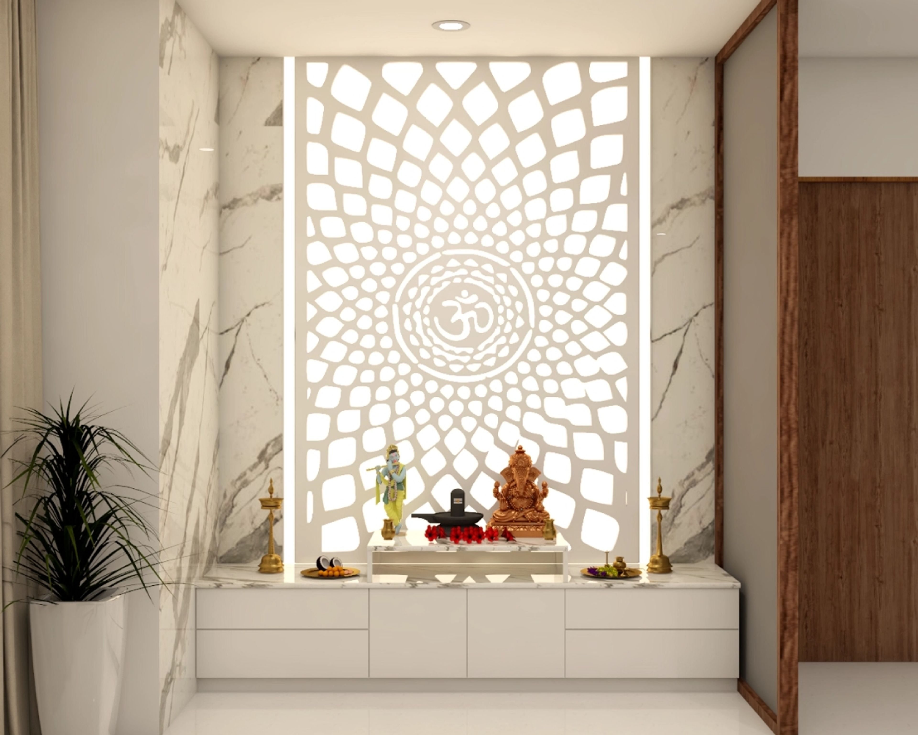 Backlighting Modern Spacious Pooja Room Design with Partition