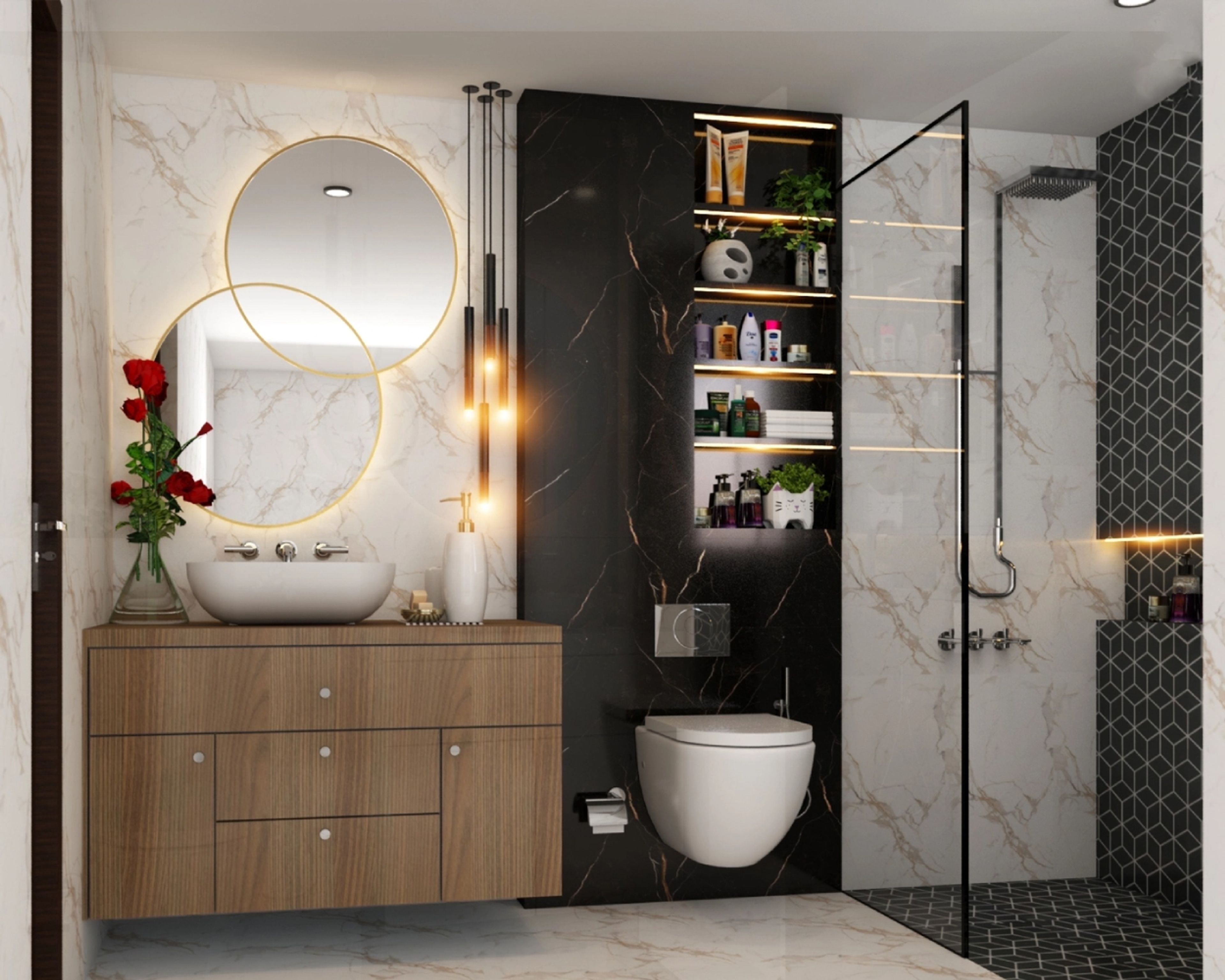 Contemporary Bathroom Design With Wooden Storage