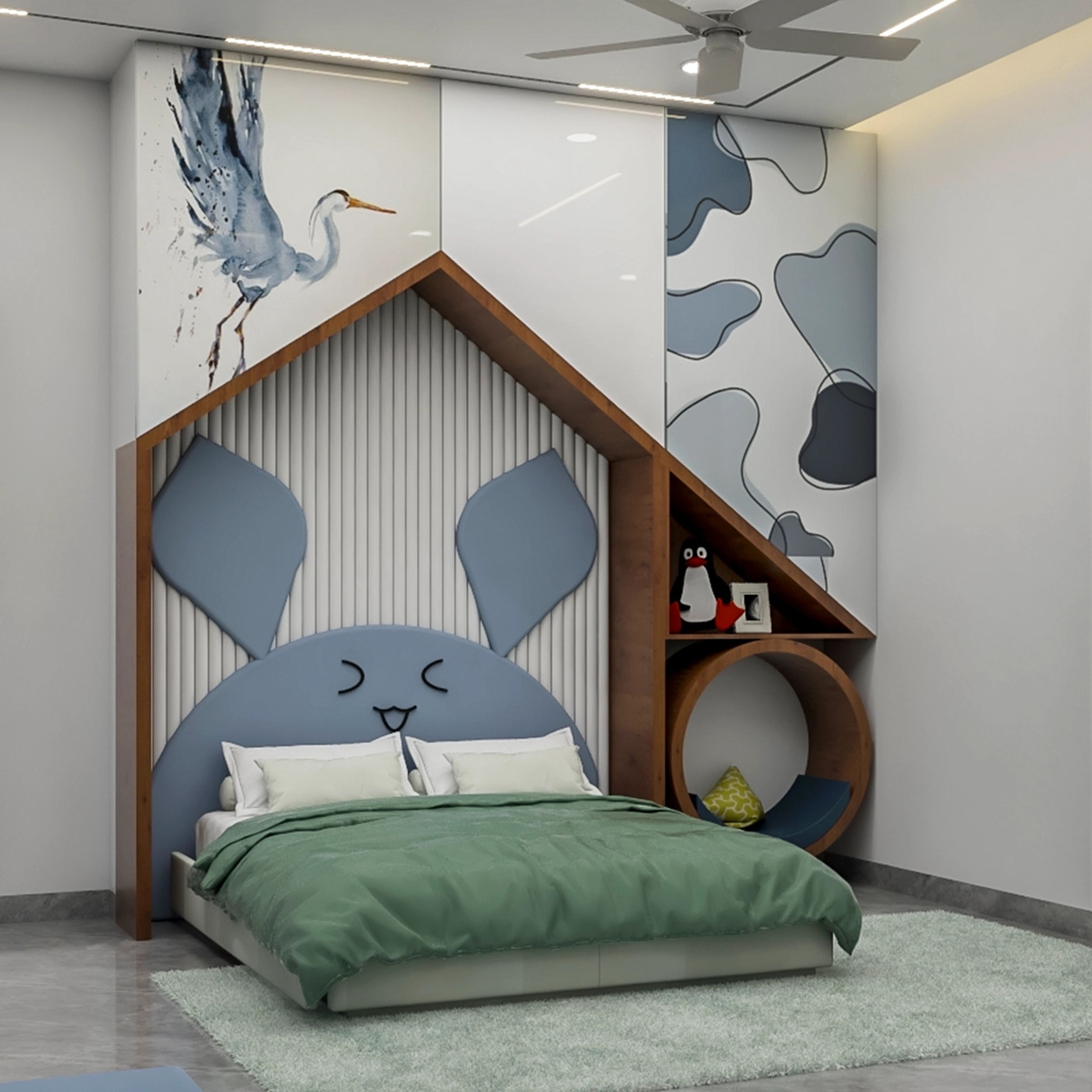 Contemporary Kid's Bedroom Design With A Wooden Bed Frame And Fluted Wall Panels