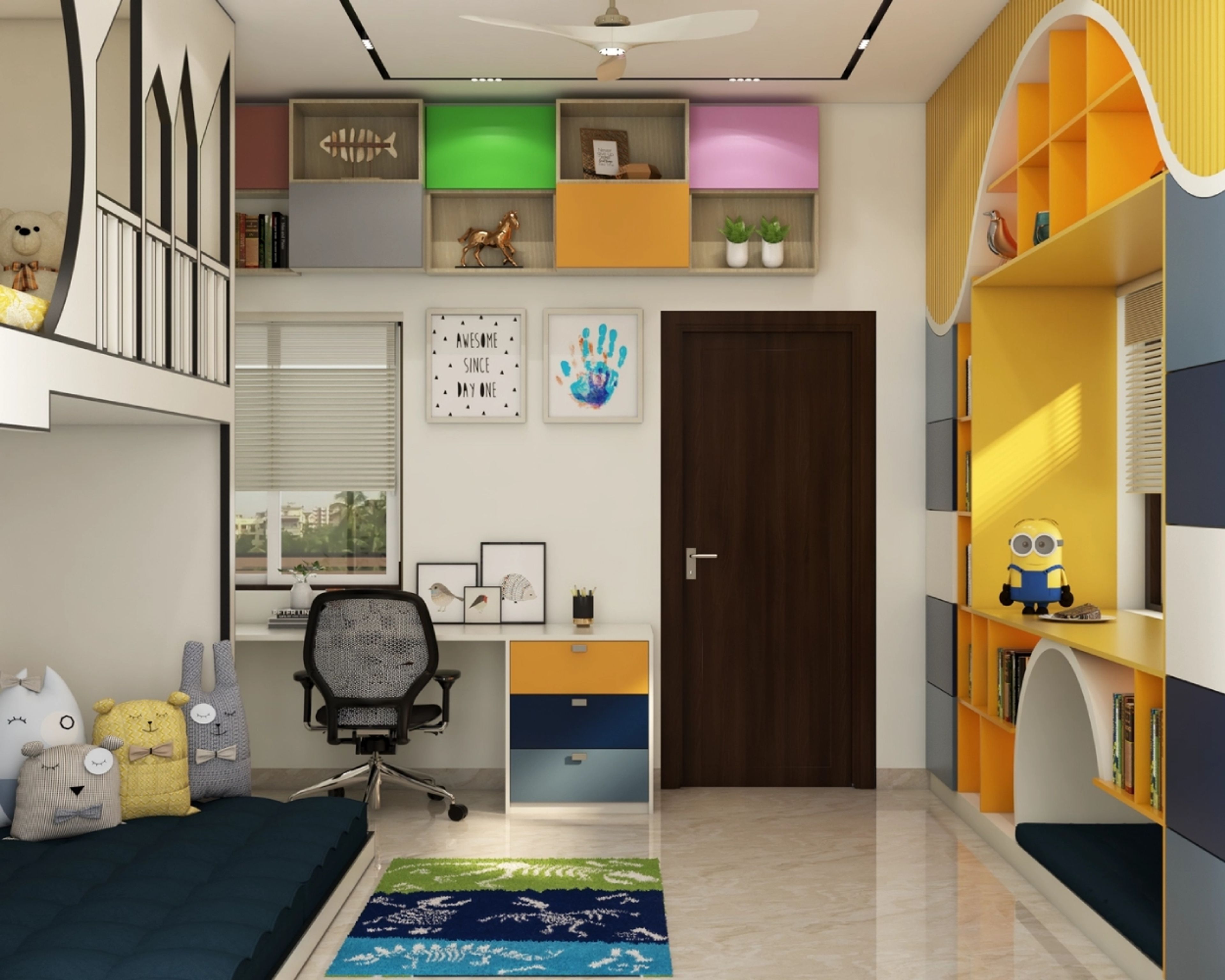 Contemporary Kids Bedroom Design With Yellow Study Unit