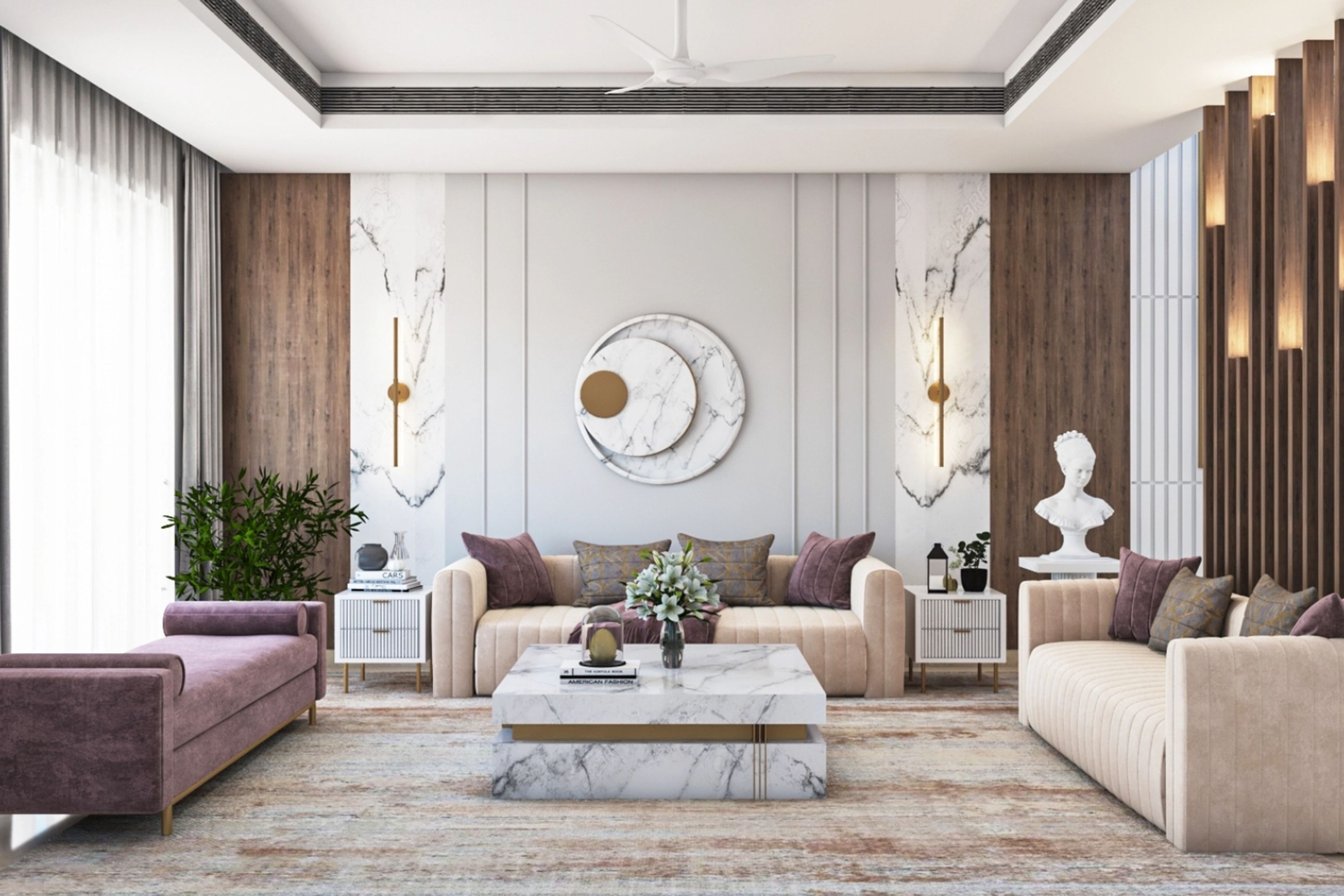 Contemporary U-Shaped Living Room Design In Beige And Violet