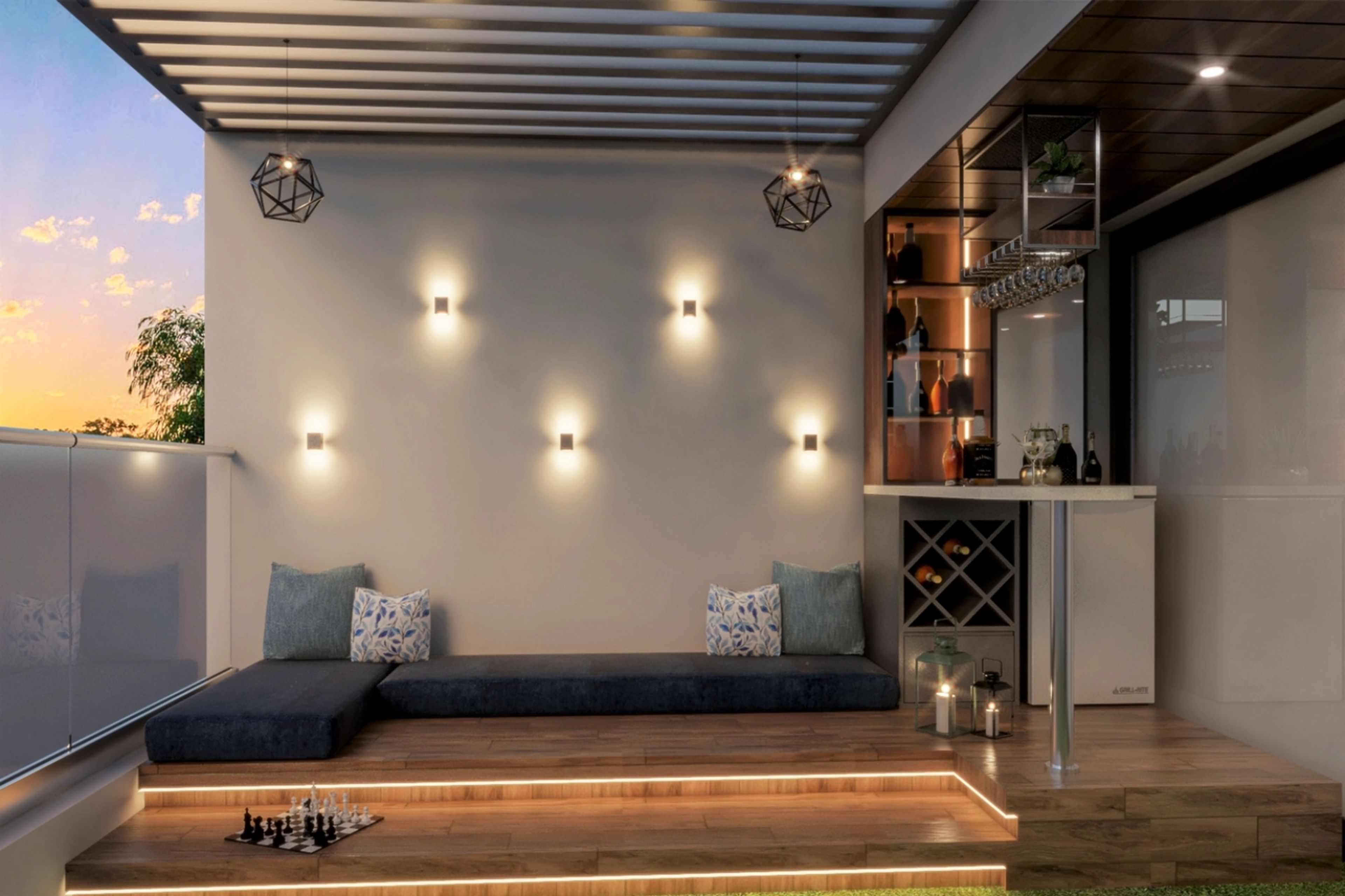 Luxurious Modern Balcony Design with Floor Cushions and Bar Unit