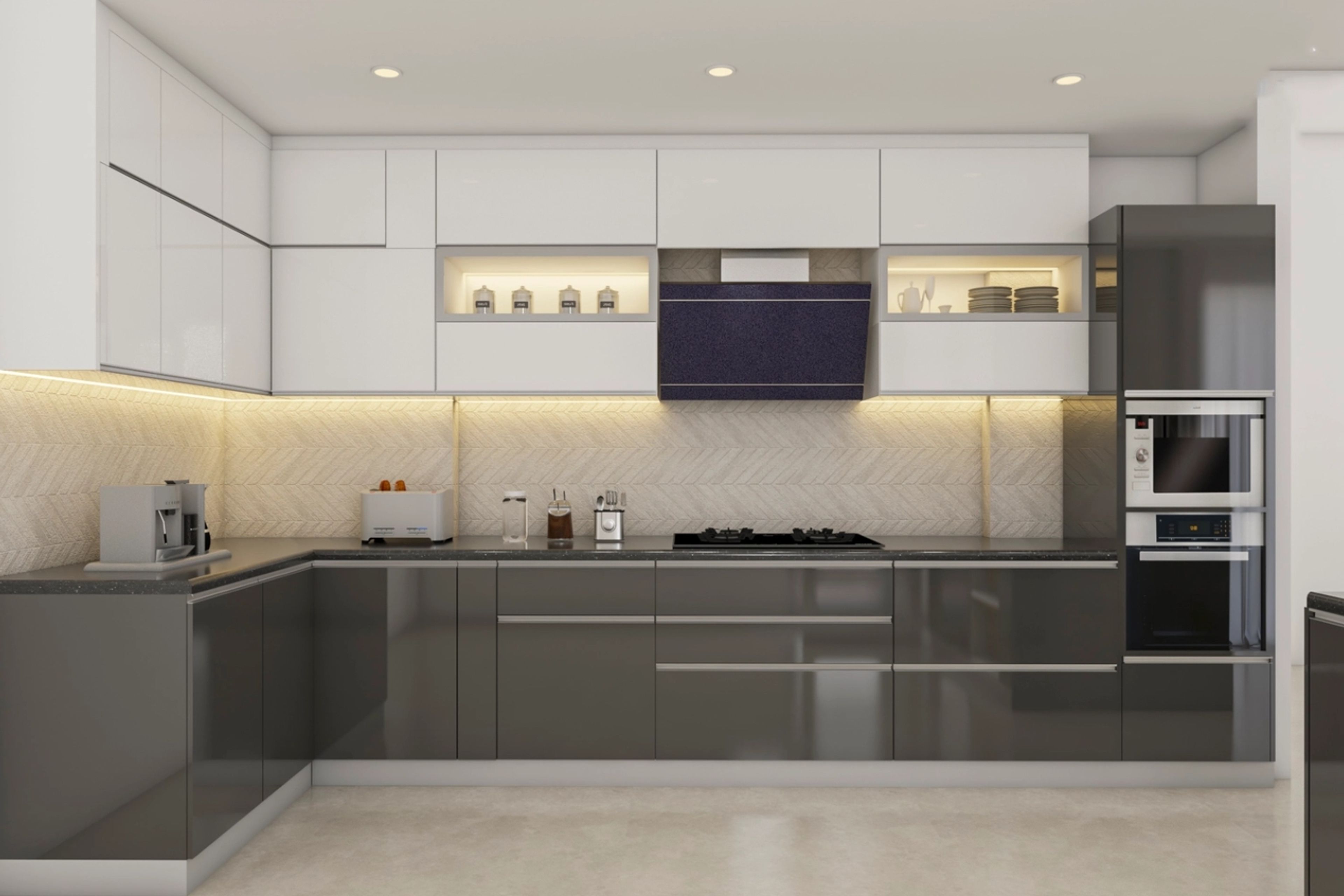 Modern L-Shaped Modular Kitchen Design With Grey And White Cabinets