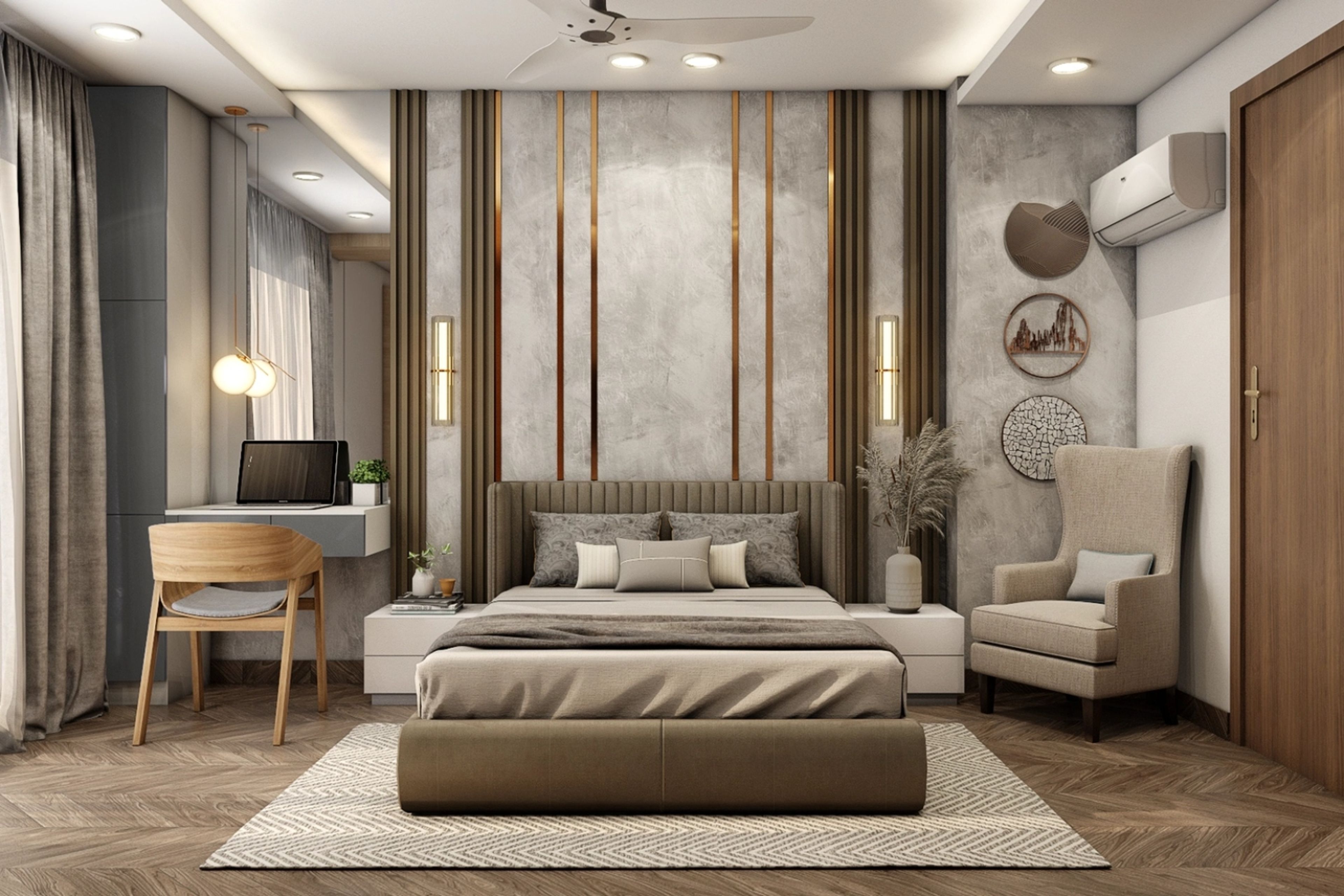 Modern Multifunctional Master Bedroom Design With Wooden Panelling