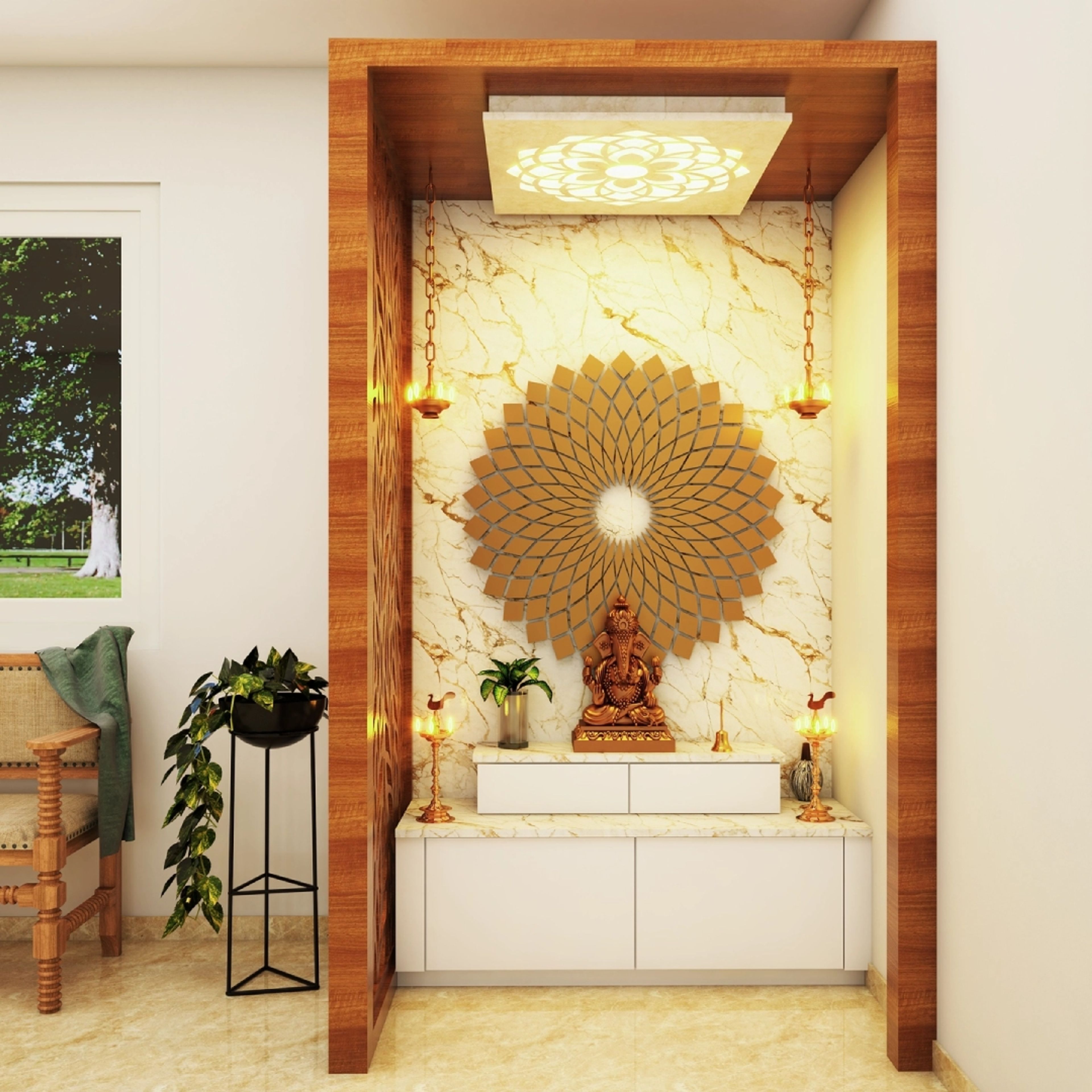 Modern Pooja Room Design With White Marble And Wooden Partition
