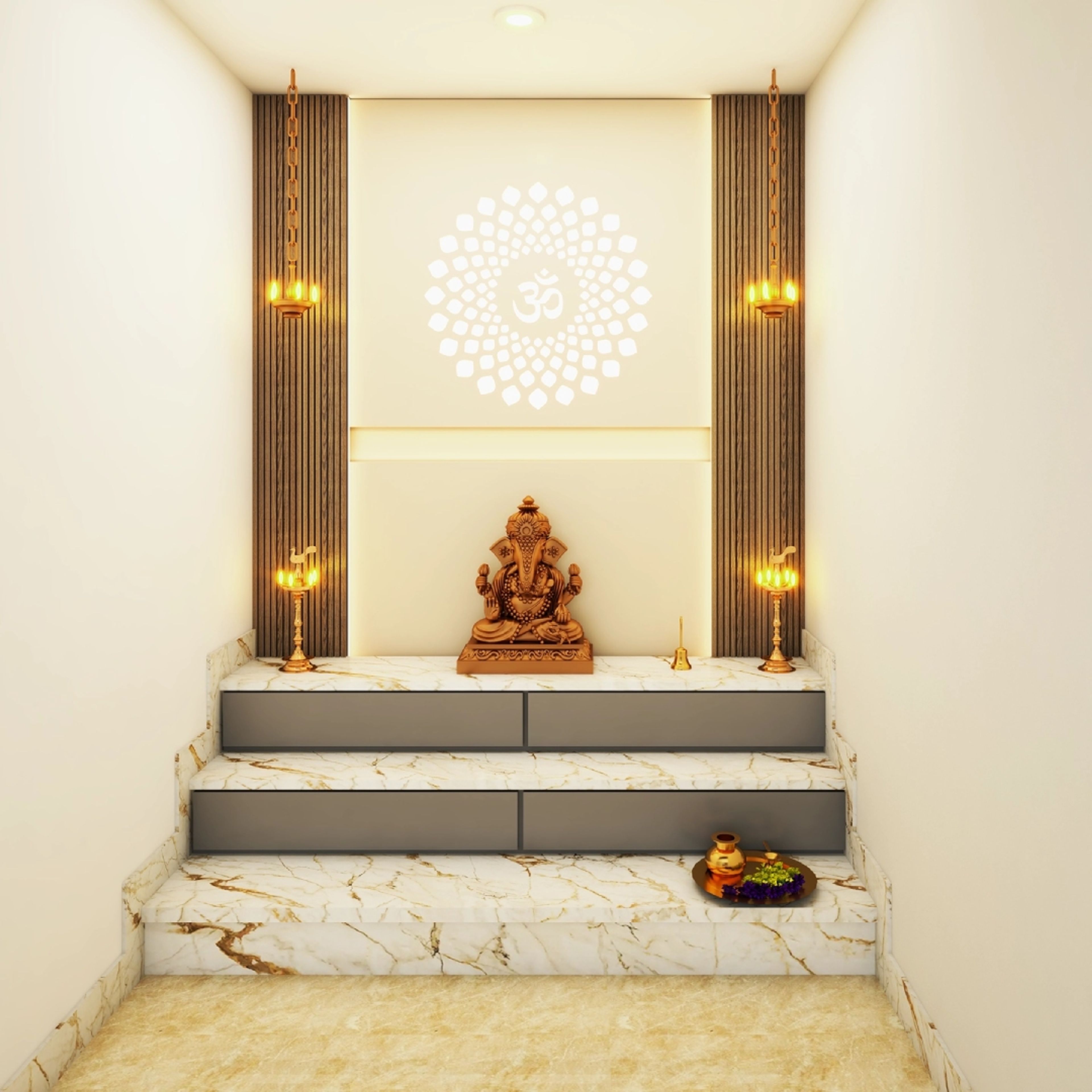 Modern Pooja Room Design With Wooden Fluted Panel
