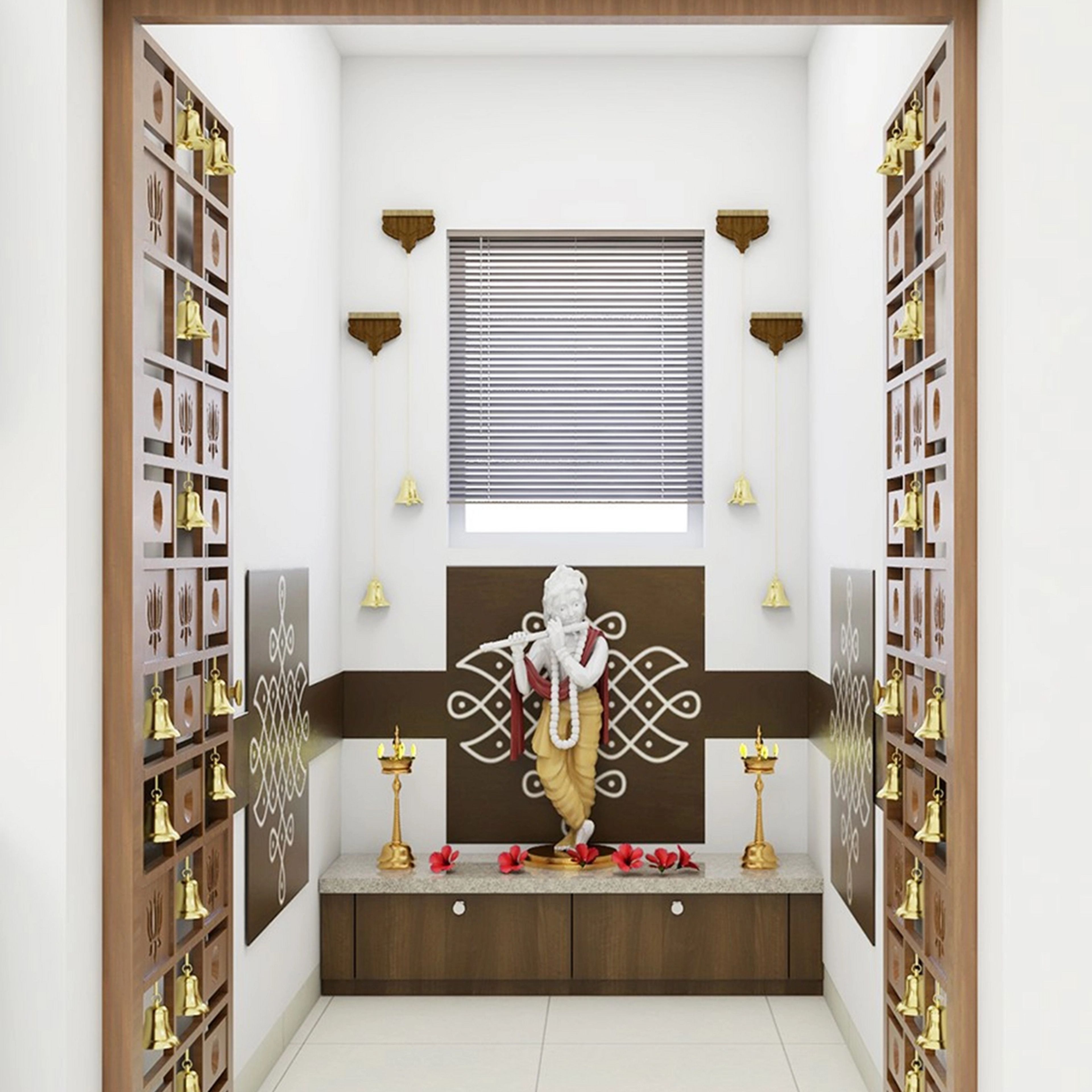 Modern Pooja Room With Wooden Door Design
