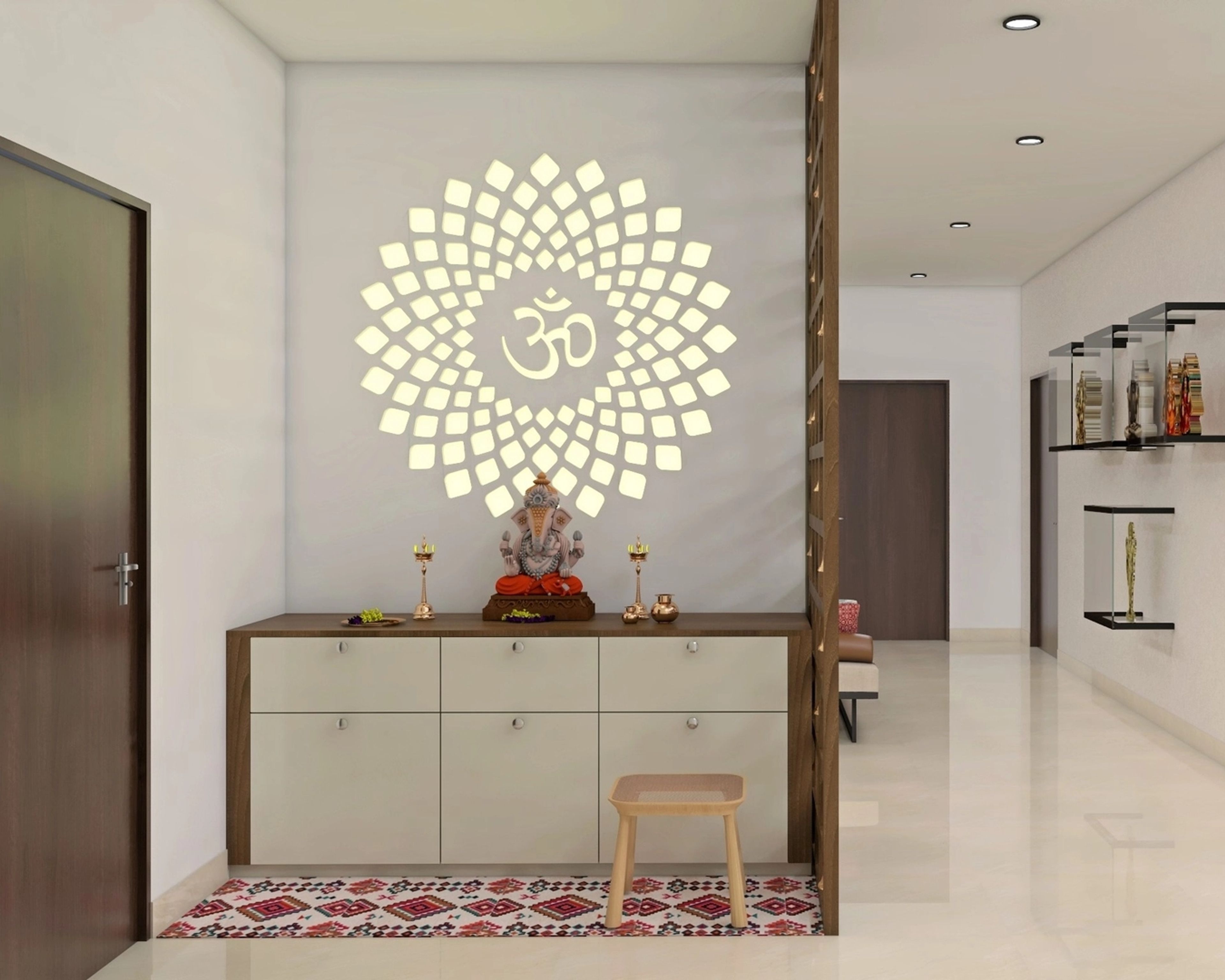 Modern Pooja Room With Wooden Partition